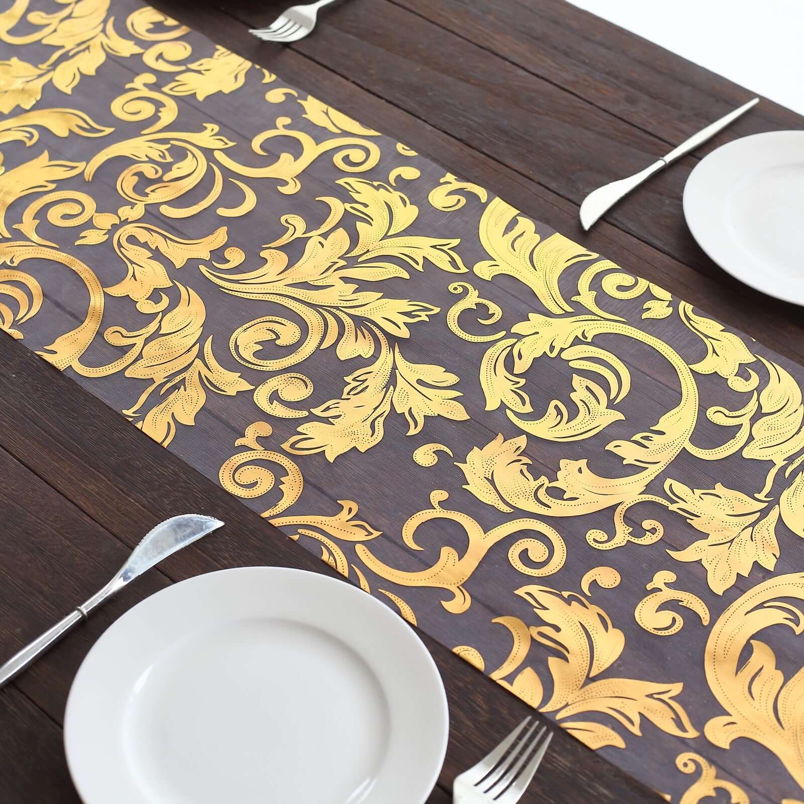 Sheer Organza Table Runner Roll 12"x108" Metallic Gold Foil Floral Swirl Design - Stylish Disposable Event Decoration - Image 4