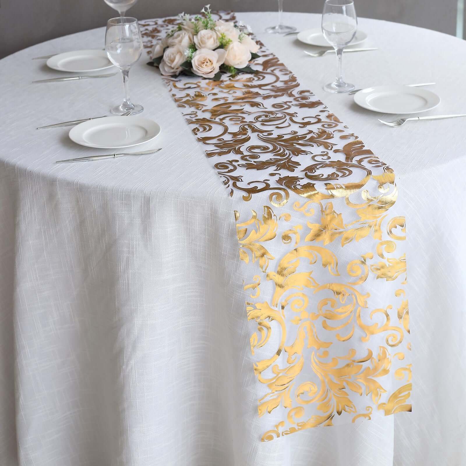 Sheer Organza Table Runner Roll 12"x108" Metallic Gold Foil Floral Swirl Design - Stylish Disposable Event Decoration - Image 5