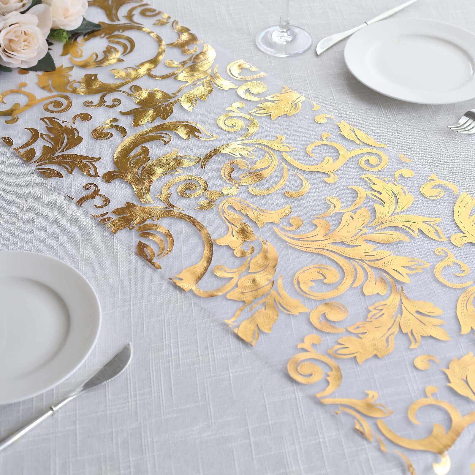 Sheer Organza Table Runner Roll 12"x108" Metallic Gold Foil Floral Swirl Design - Stylish Disposable Event Decoration - Image 6