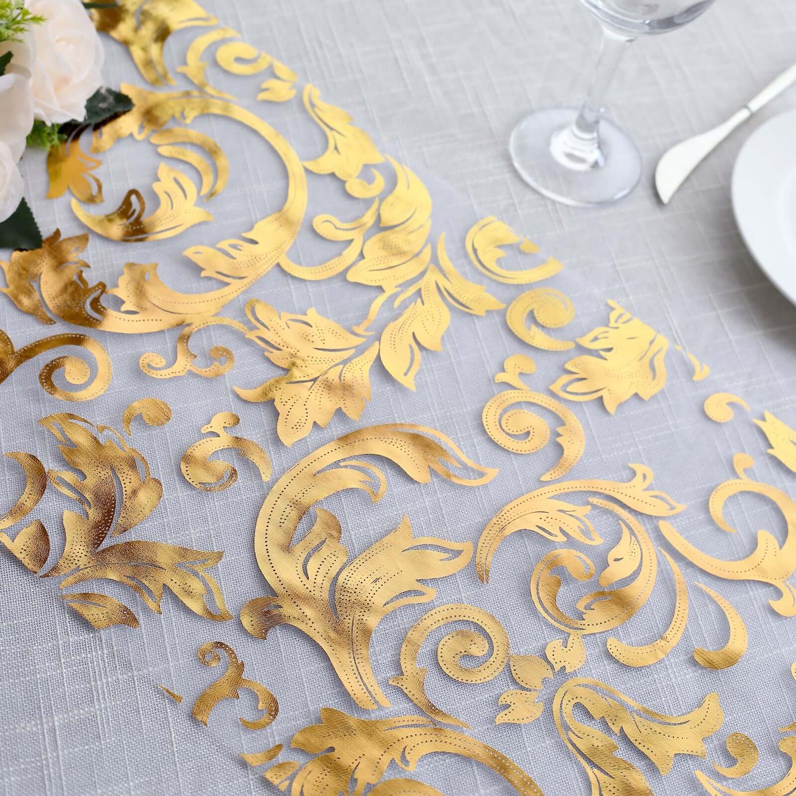 Sheer Organza Table Runner Roll 12"x108" Metallic Gold Foil Floral Swirl Design - Stylish Disposable Event Decoration - Image 7