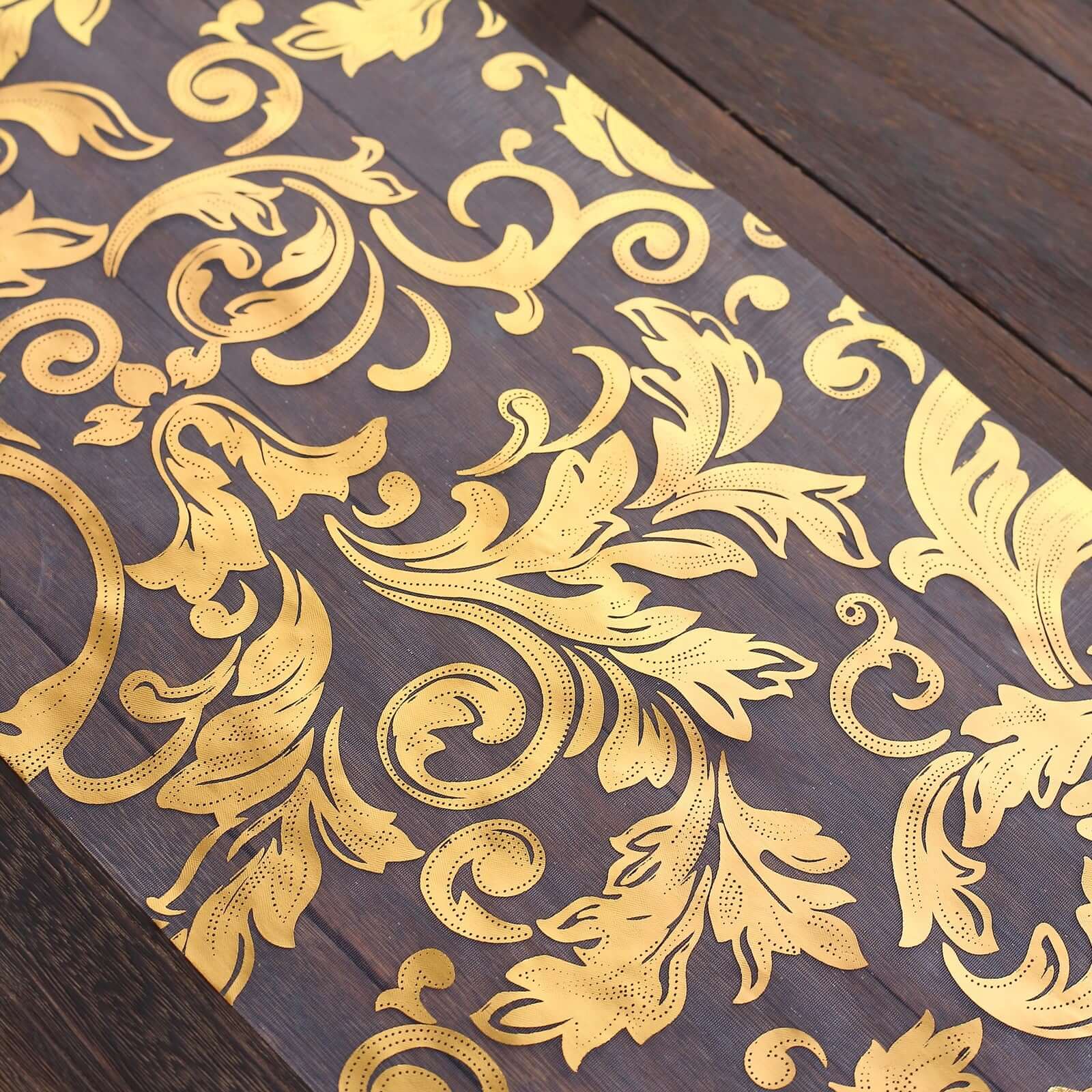 Sheer Organza Table Runner Roll 12"x108" Metallic Gold Foil Floral Swirl Design - Stylish Disposable Event Decoration - Image 8