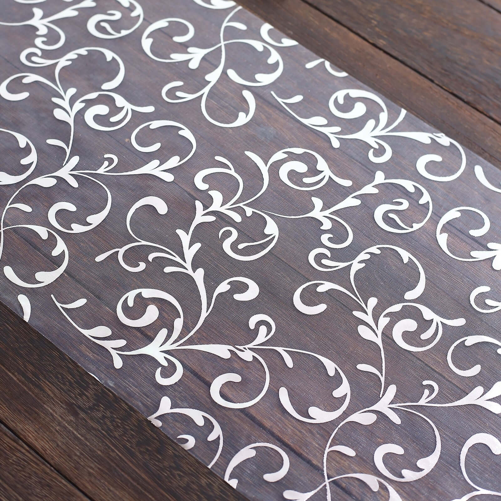 Sheer Organza Table Runner Roll 12"x108" Metallic Silver Foil Embossed Floral Design - Disposable Tale Decor - Image 6