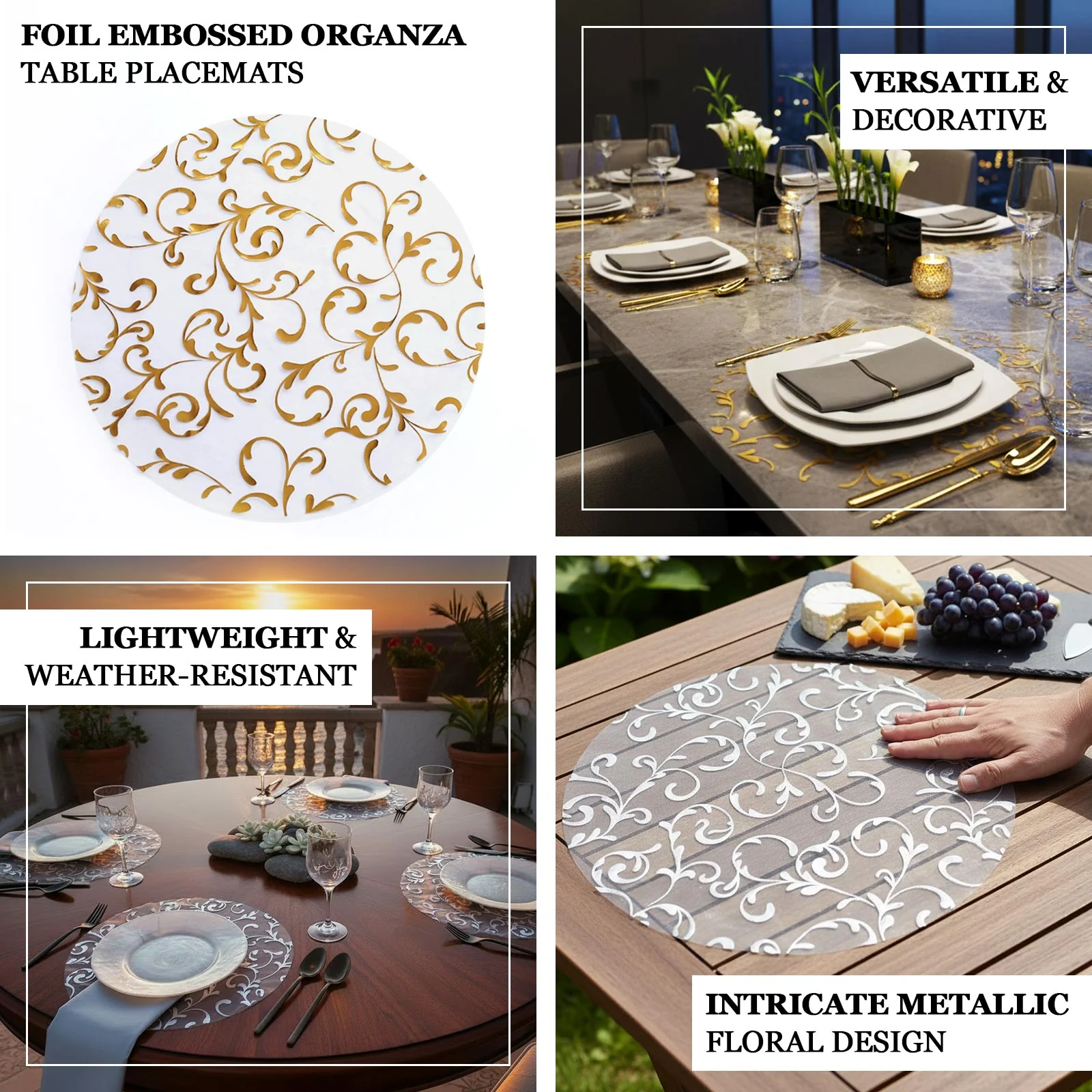 10-Pack Organza Table Placemats 13" Round Embossed Foil Flower Design Metallic Silver - Sheer Disposable Dining Mats - Image 4