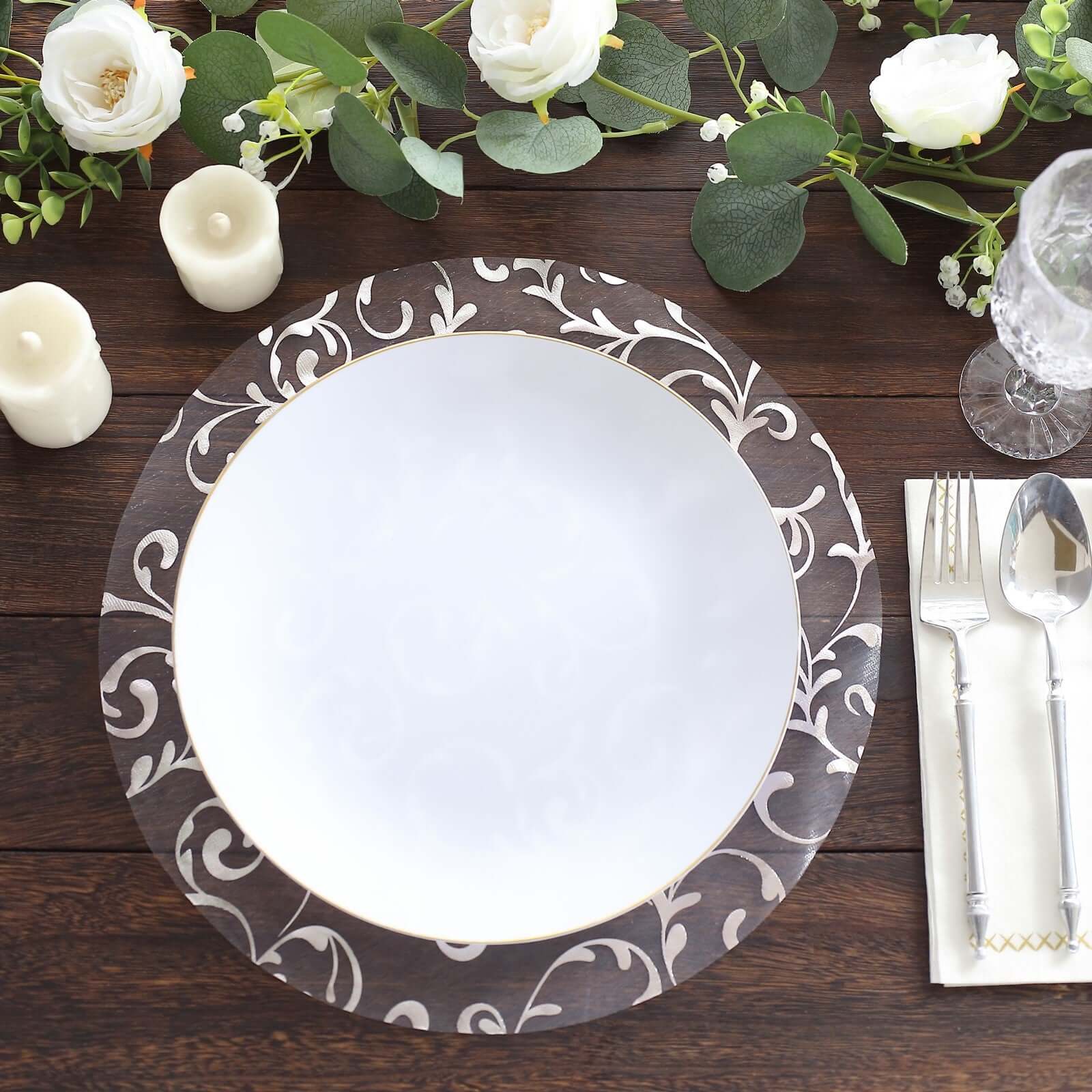 10-Pack Organza Table Placemats 13" Round Embossed Foil Flower Design Metallic Silver - Sheer Disposable Dining Mats - Image 6