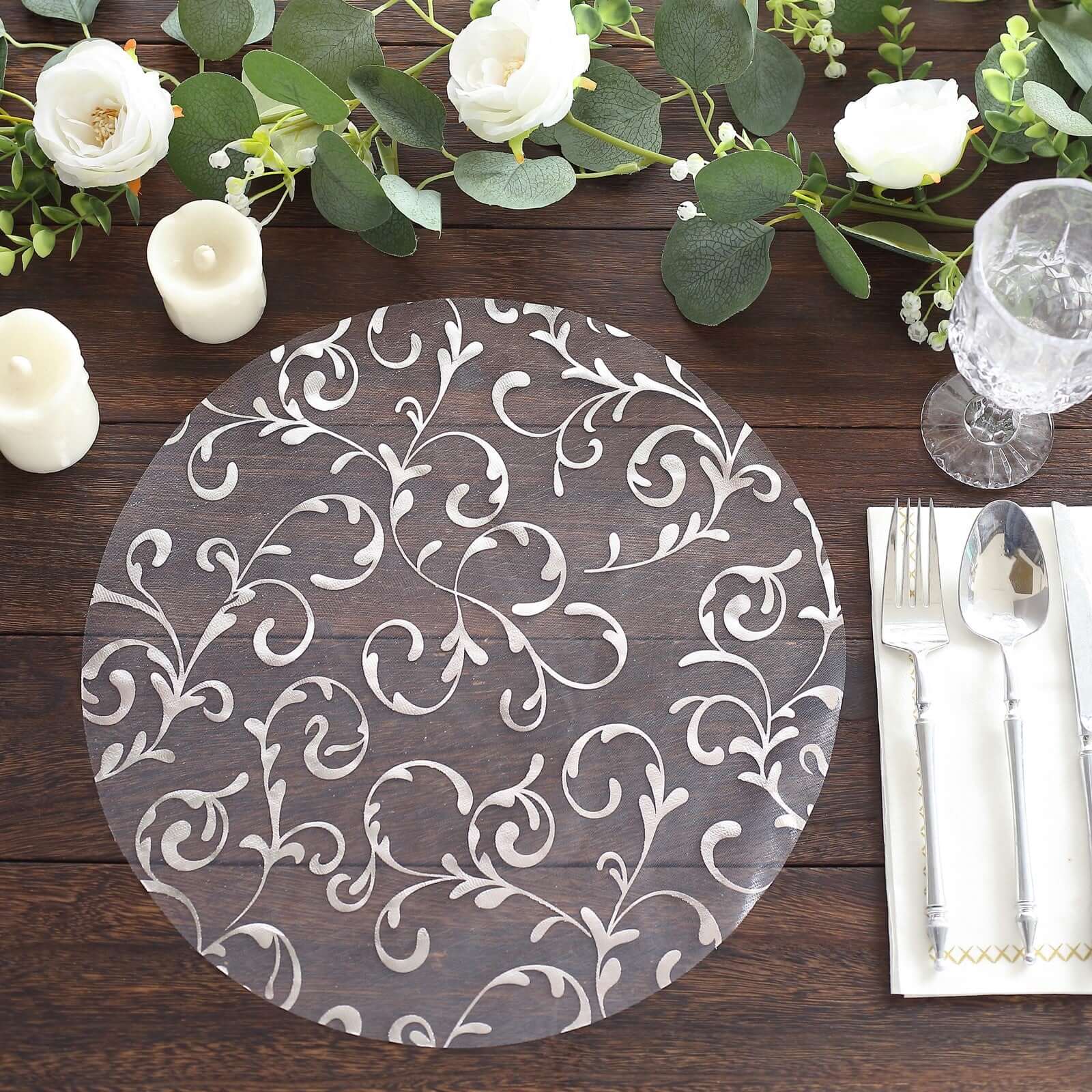 10-Pack Organza Table Placemats 13" Round Embossed Foil Flower Design Metallic Silver - Sheer Disposable Dining Mats - Image 9