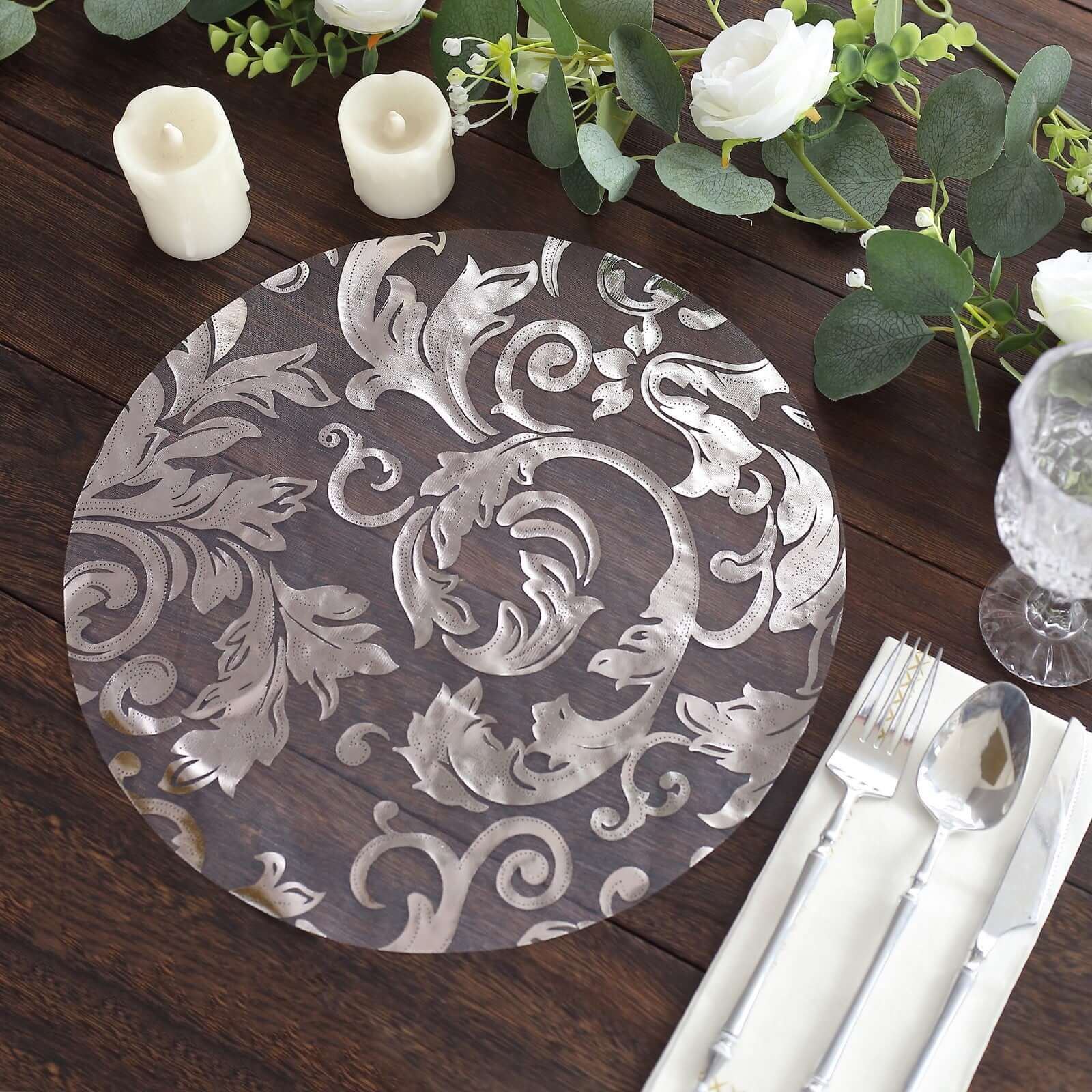 10-Pack Organza Table Placemats 13" Round Swirl Foil Floral Design Metallic Silver - Sheer Disposable Dining Mats - Image 11