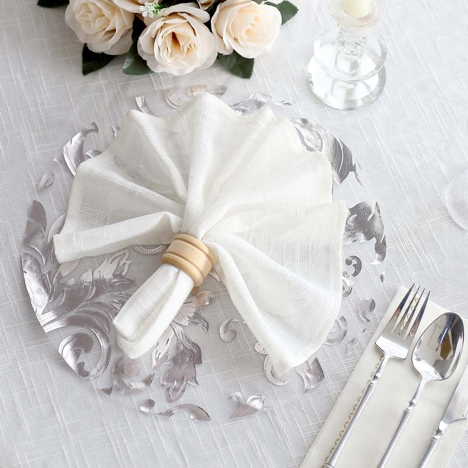 10-Pack Organza Table Placemats 13" Round Swirl Foil Floral Design Metallic Silver - Sheer Disposable Dining Mats - Image 2
