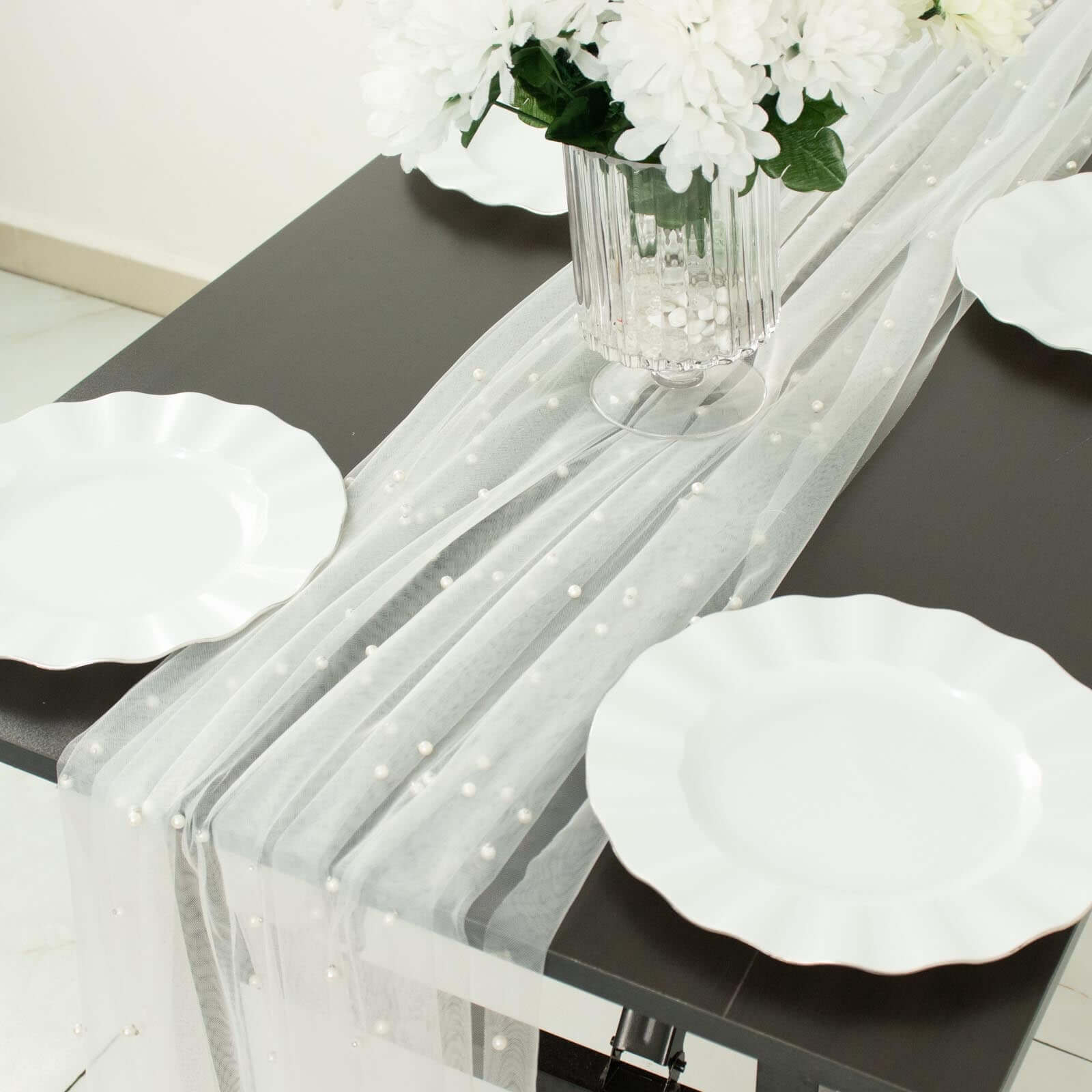Sheer Tulle Table Runner 48"x120" White Pearl Embellished - Sophisticated Wedding & Event Table Linen - Image 2