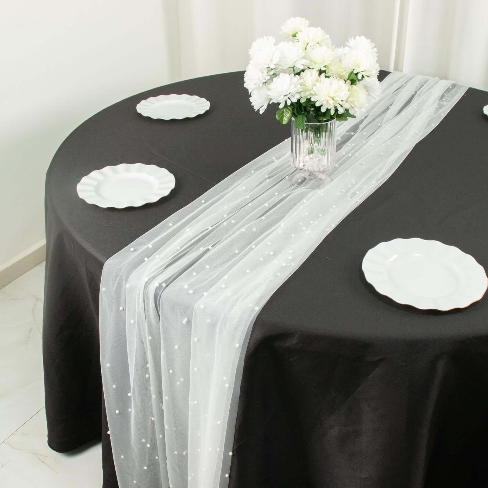 Sheer Tulle Table Runner 48"x120" White Pearl Embellished - Sophisticated Wedding & Event Table Linen - Image 6