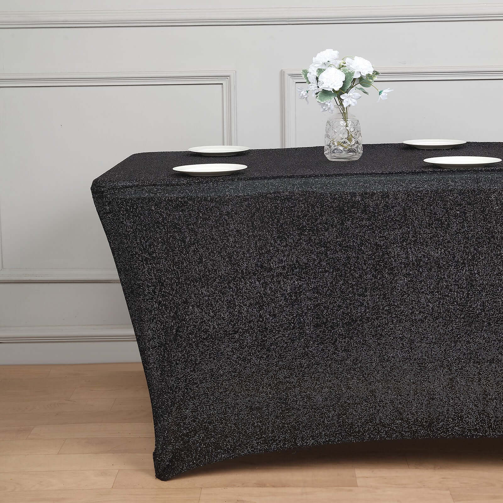 Shimmer Tinsel Spandex Rectangle Tablecloth 72"x30" Metallic Black - Glittered Shiny Table Cover - Image 2