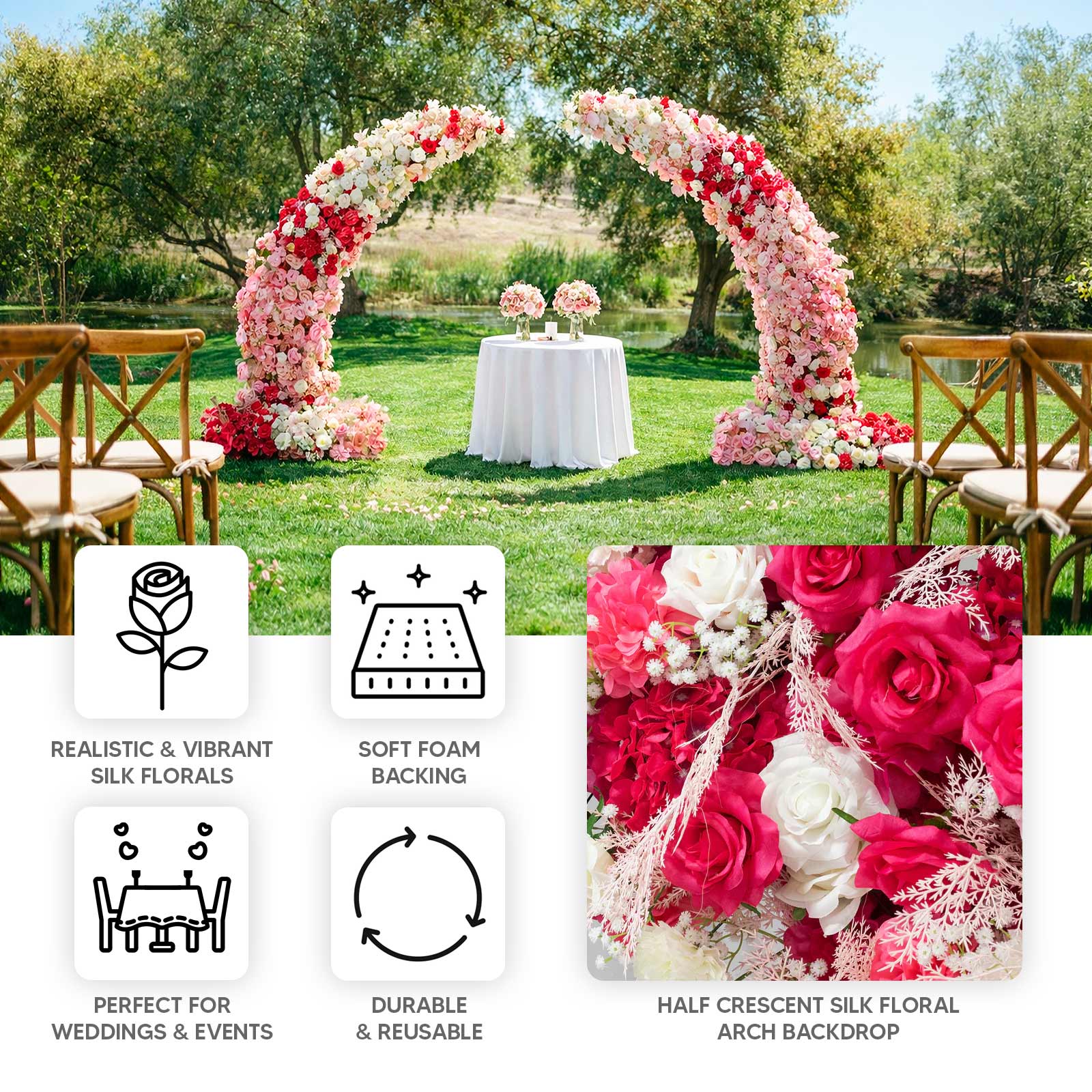 Silk Floral Backdrop for 6.5ft Half Crescent Wedding Arch – Foam-Backed Artificial Flower Arch in Red with Roses, Hydrangeas & Chrysanthemums - Image 4