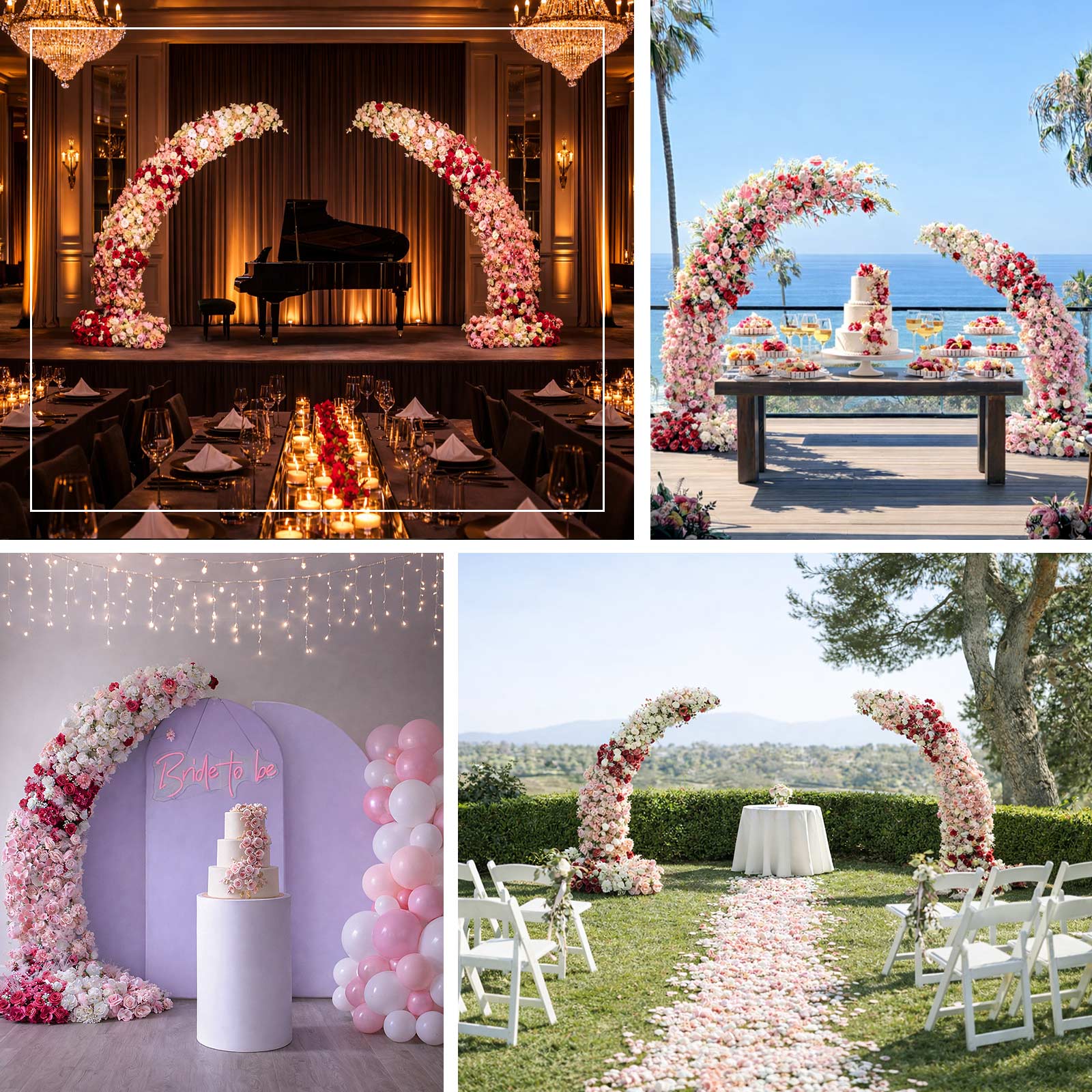 Silk Floral Backdrop for 8ft Half Crescent Wedding Arch – Foam-Backed Artificial Flower Arch in White & Pink Mix with Roses, Hydrangeas & Chrysanthemums - Image 5