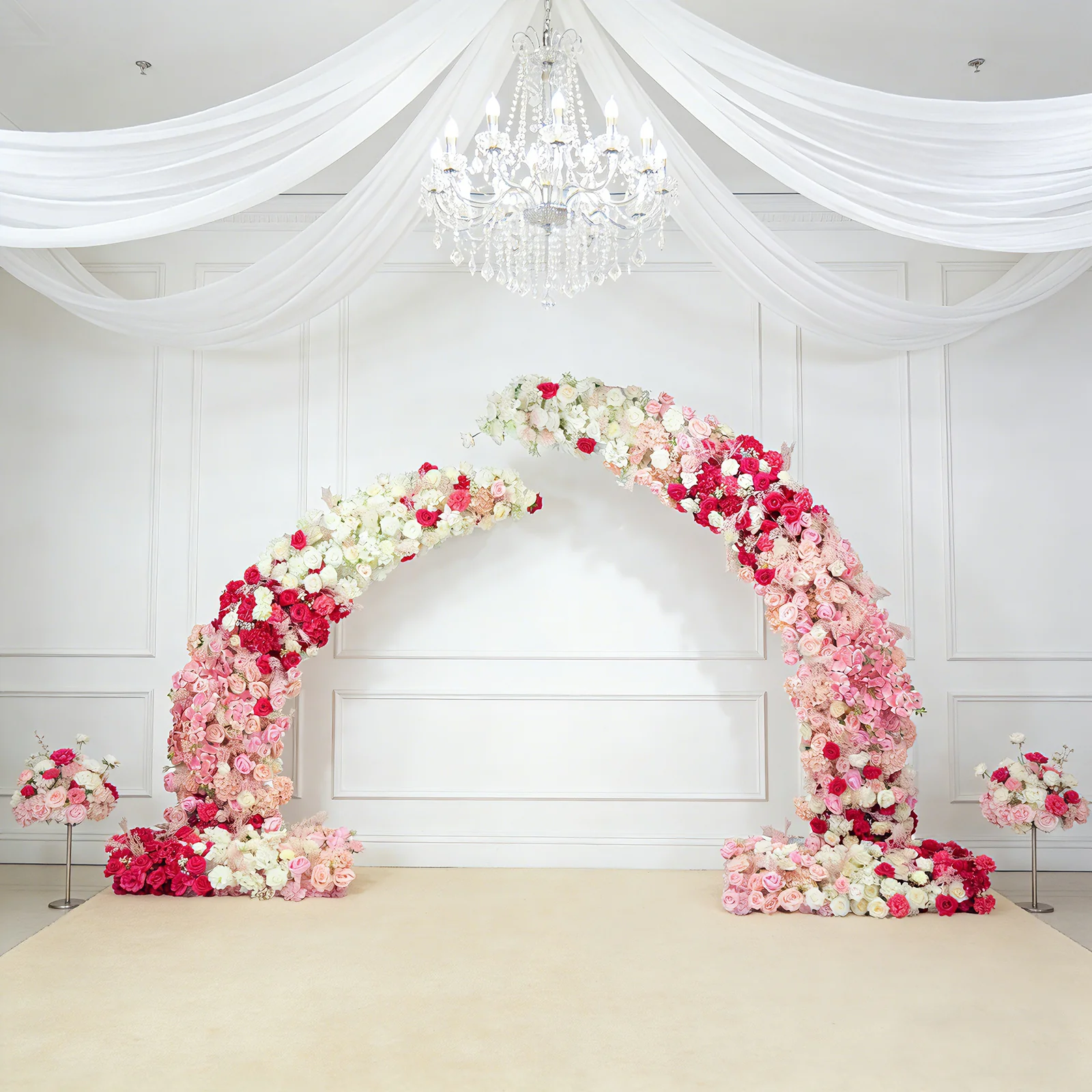 Silk Floral Backdrop for 8ft Half Crescent Wedding Arch – Foam-Backed Artificial Flower Arch in White & Pink Mix with Roses, Hydrangeas & Chrysanthemums - Image 9