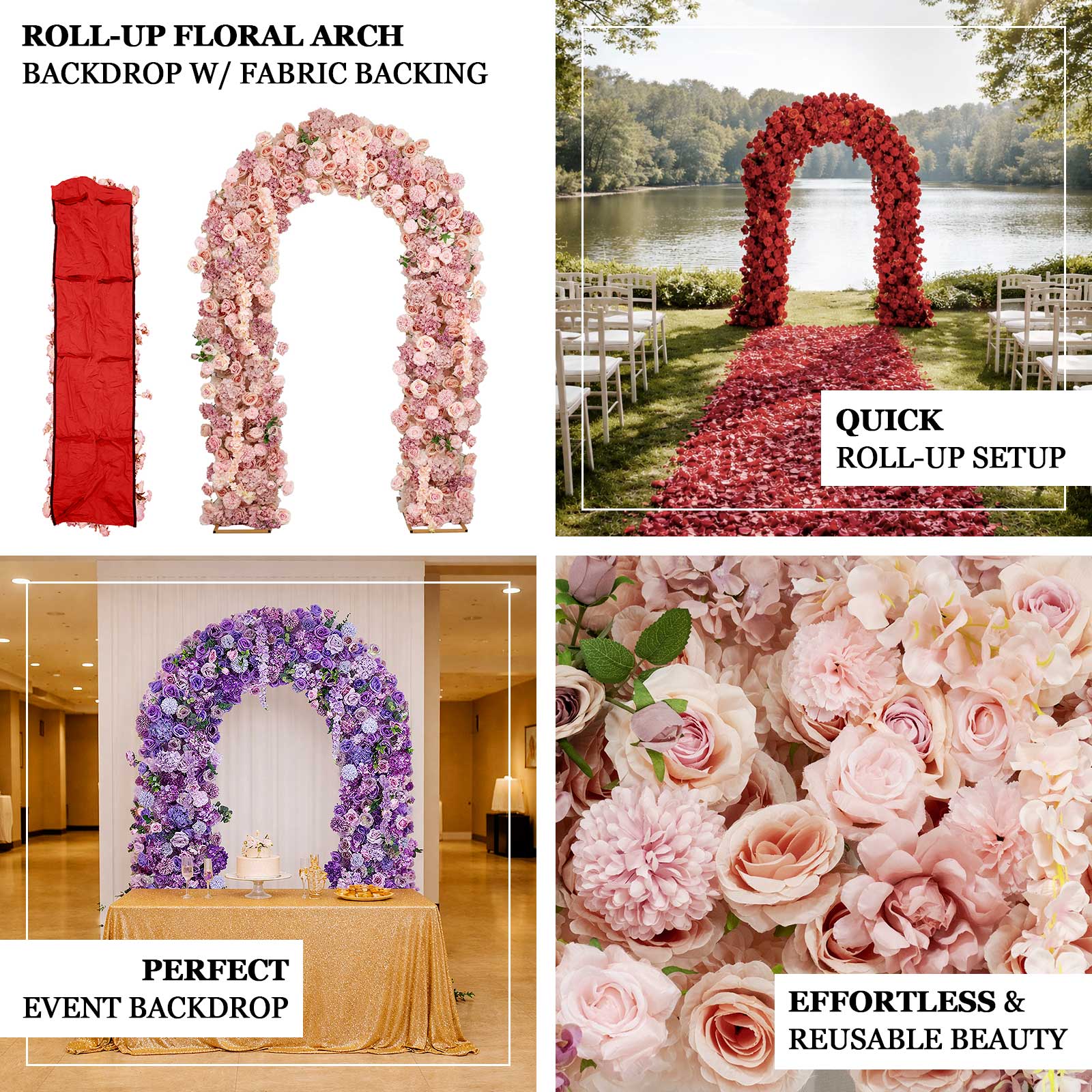Flower Arch Backdrop Red 4ft x 8ft Artificial Silk Roses, Hydrangeas & Chrysanthemums Floral Arrangement for Round Top Double Arch Stand - Image 4