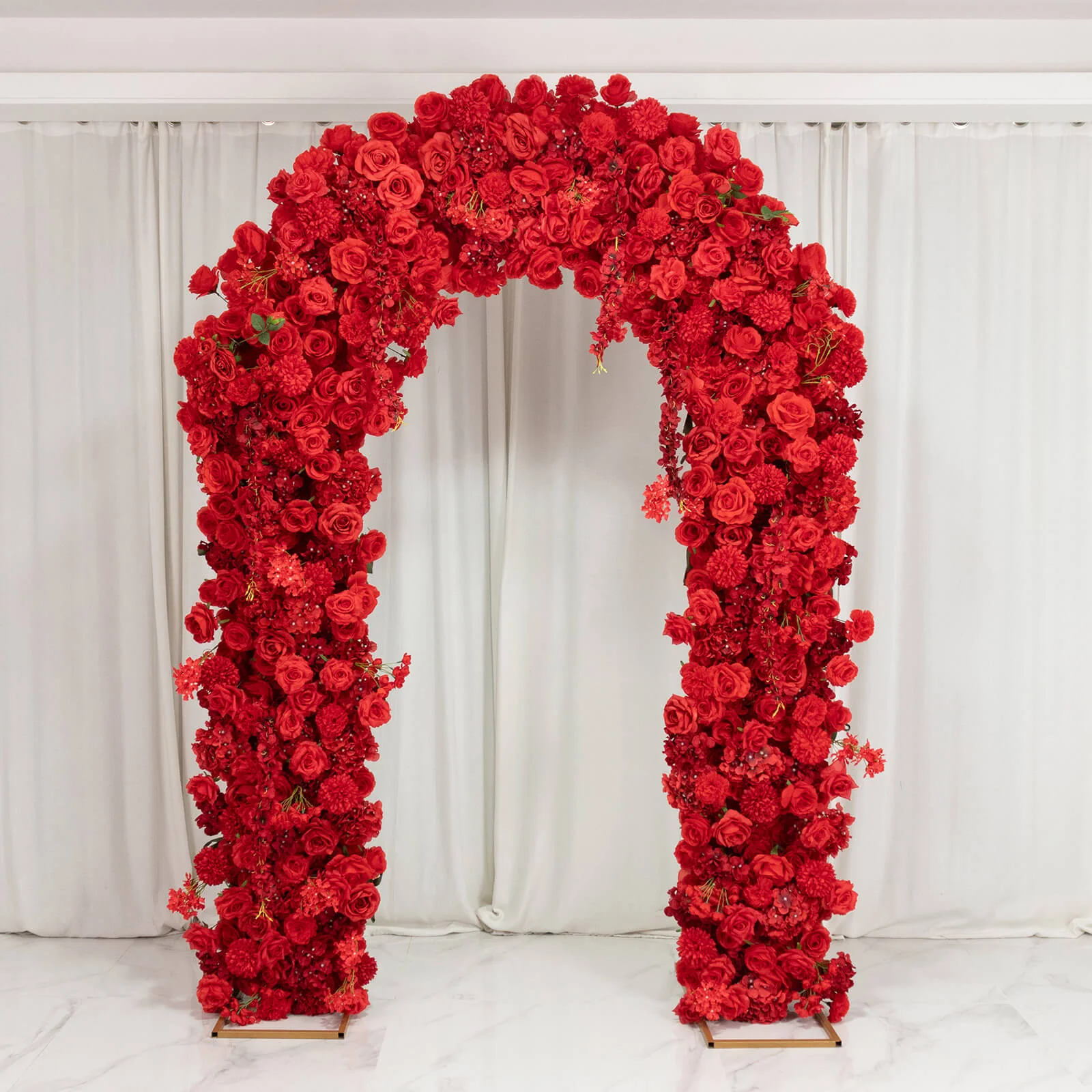 Flower Arch Backdrop Red 4ft x 8ft Artificial Silk Roses, Hydrangeas & Chrysanthemums Floral Arrangement for Round Top Double Arch Stand - Image 6