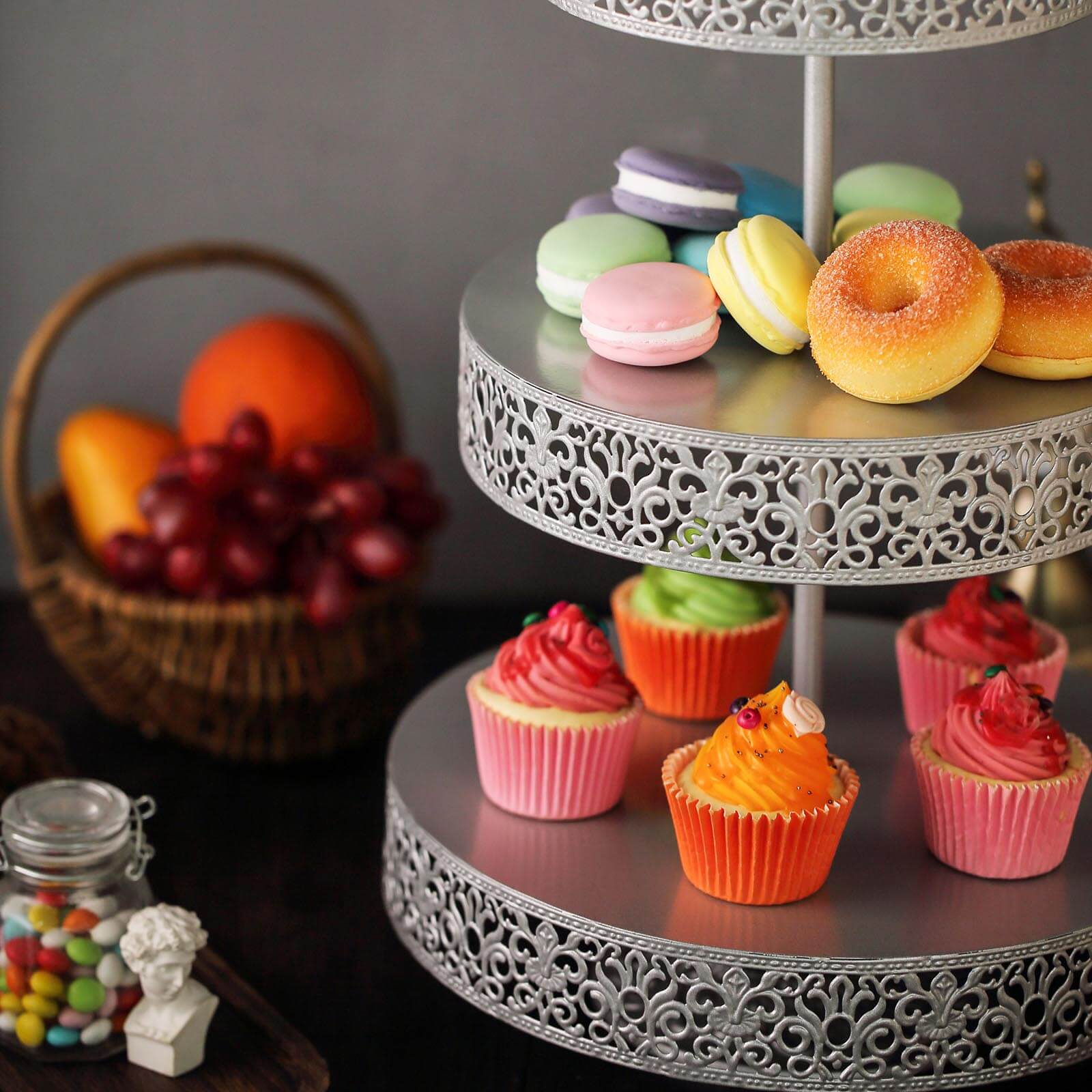 Metal Cupcake Stand 23" 3-Tier Reversible Design Silver - Dessert Holder and Serving Tray - Image 6