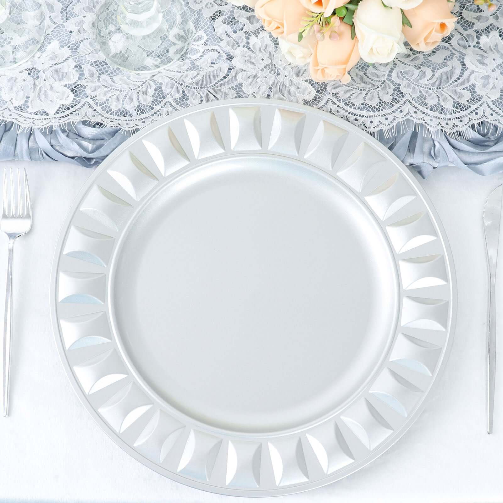 6-Pack Plastic Charger Plates 13" Round Silver Bejeweled Rim - Dinner Charger Tableware - Image 5