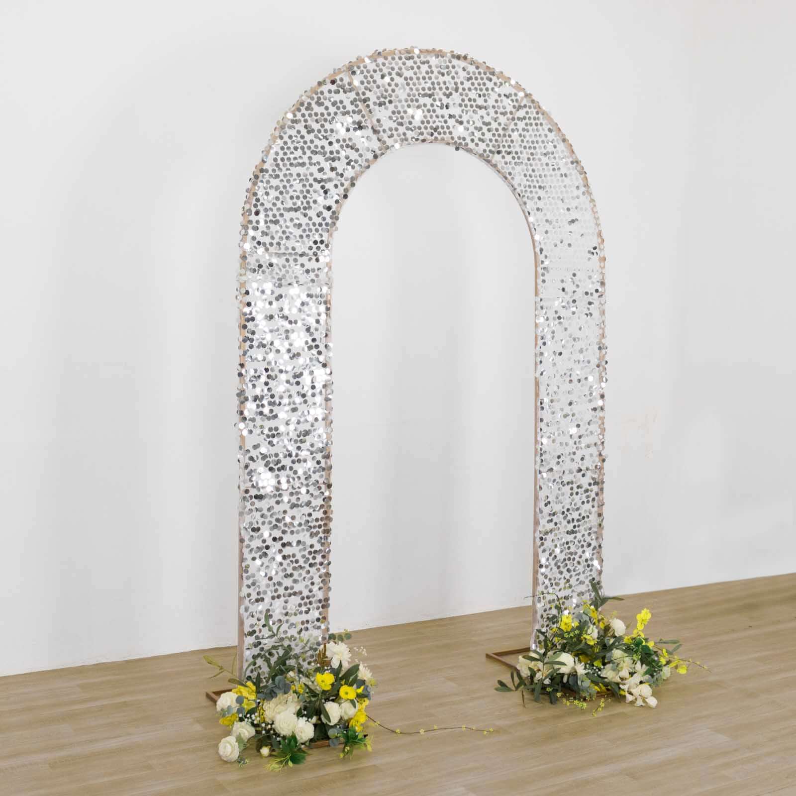 Silver Big Payette Sequin Open Arch Backdrop Cover, Sparkly U-Shaped Fitted Wedding Arch Slipcover - 8ft - Image 4