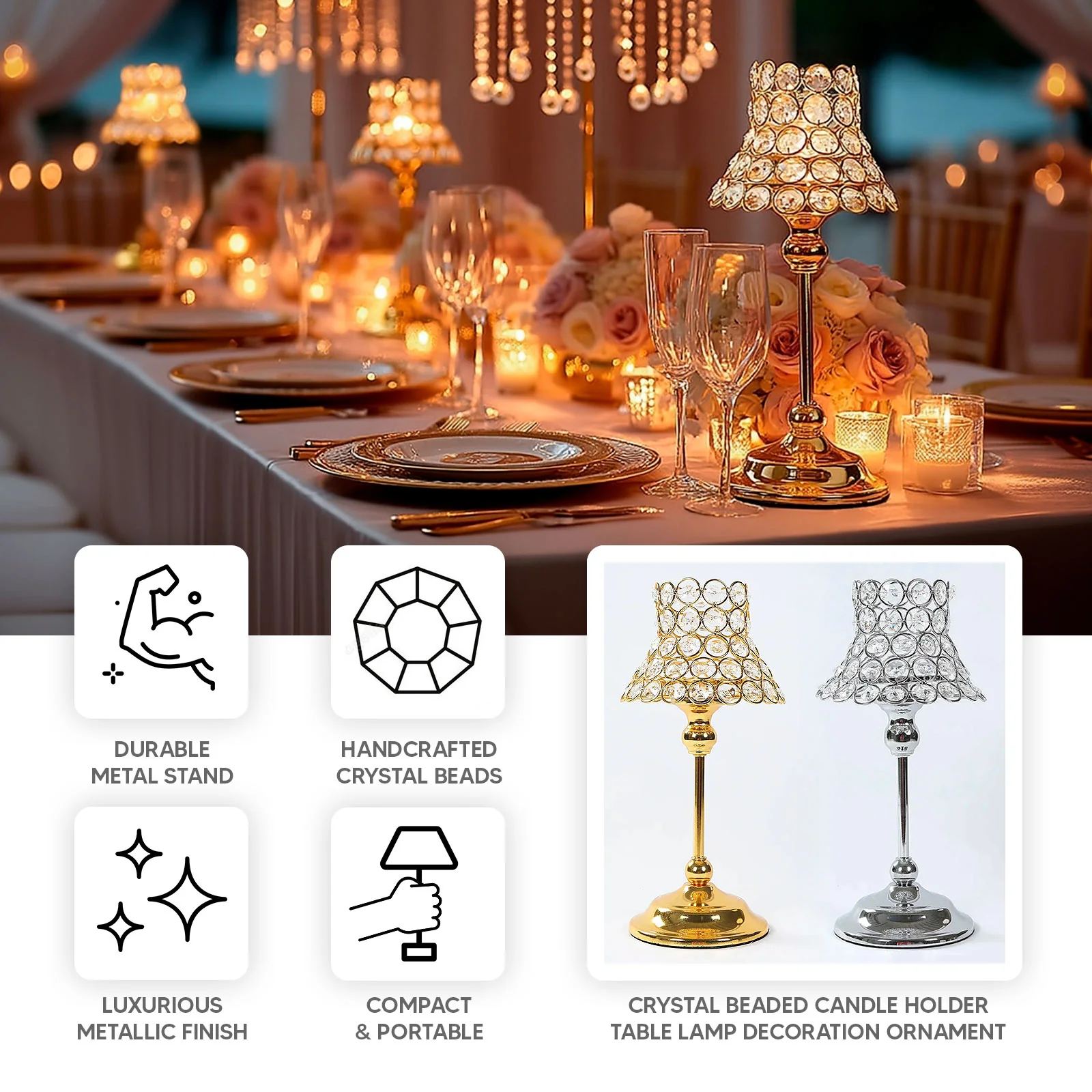 2 Pack Silver Centerpiece Candle Holders with Crystal Beaded Lamp-Style Shades – 12" Tall for Weddings & Events - Image 3