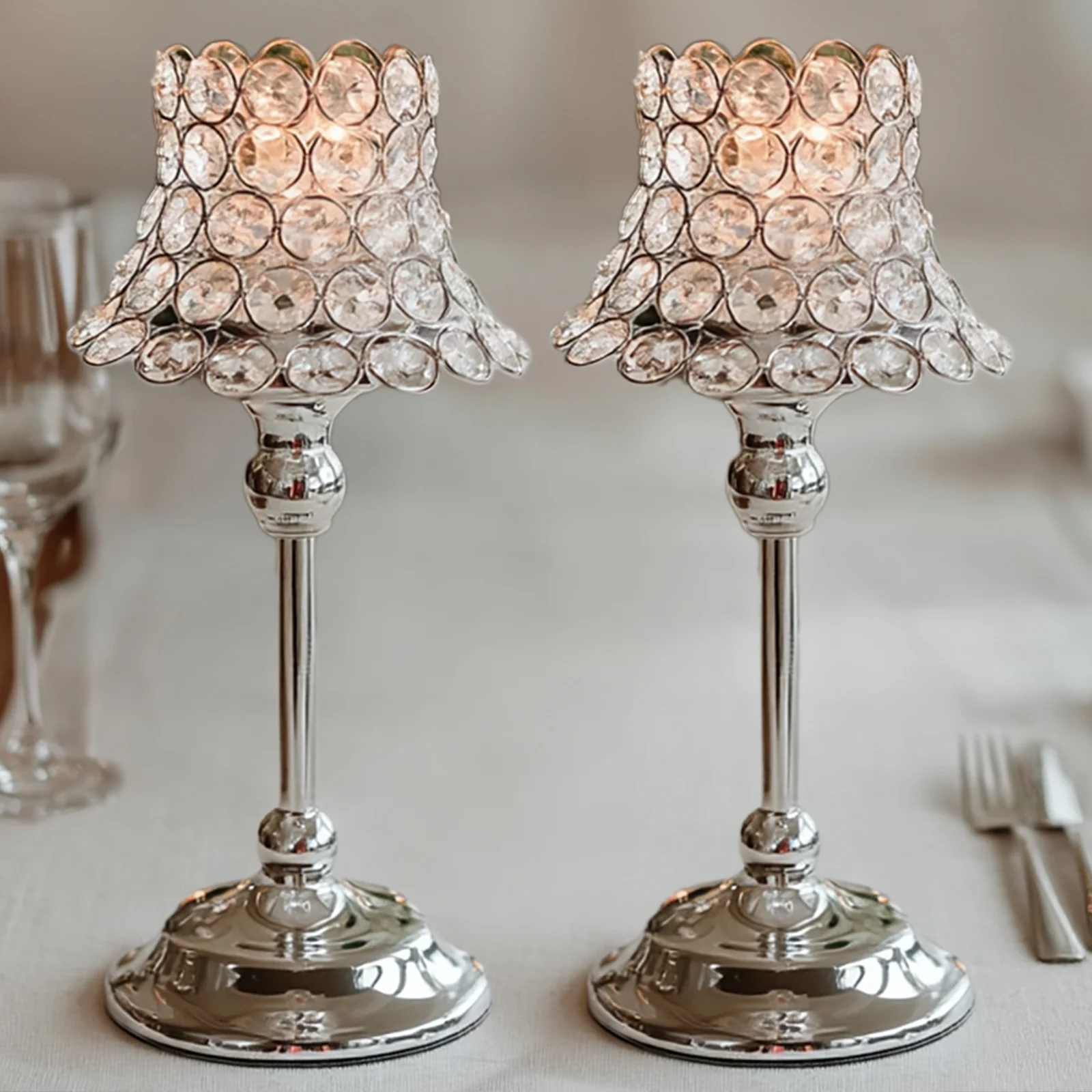 2 Pack Silver Centerpiece Candle Holders with Crystal Beaded Lamp-Style Shades – 12" Tall for Weddings & Events - Image 7