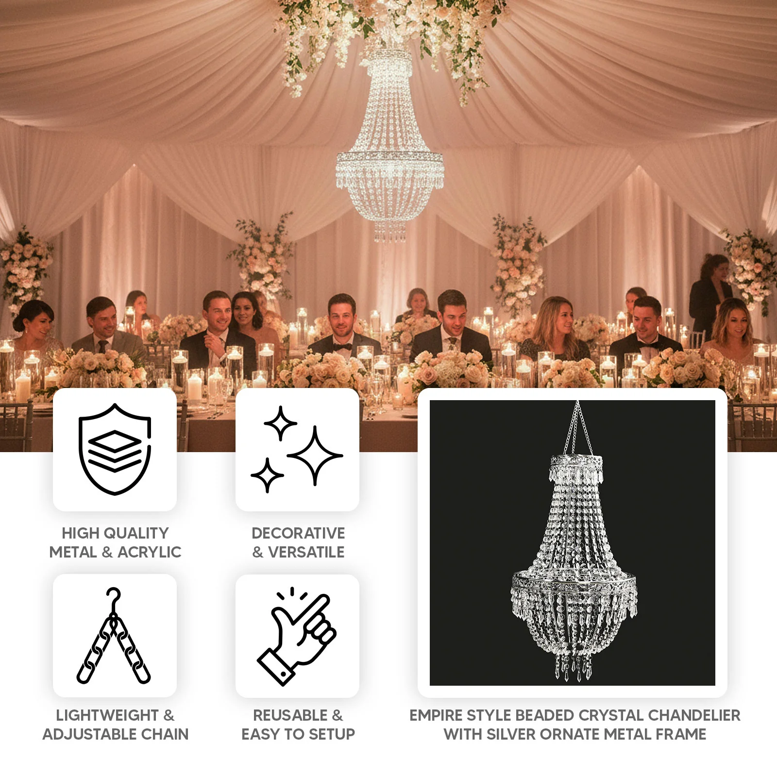 Empire Style Beaded Crystal Chandelier with Silver Ornate Metal Frame, Adjustable Hanging Farmhouse Pendant Ceiling Lighting - 5ft - Image 4