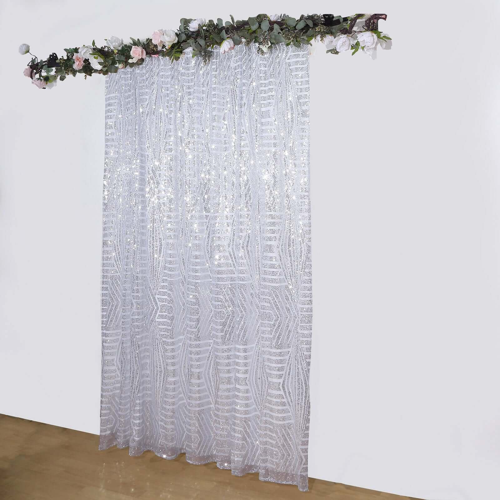 Silver Geometric Sequin Backdrop Drape Curtain with Satin Backing, Seamless Opaque Sparkly Photo Booth Event Divider Panel in Diamond Glitz Pattern - 8ftx8ft - Image 3