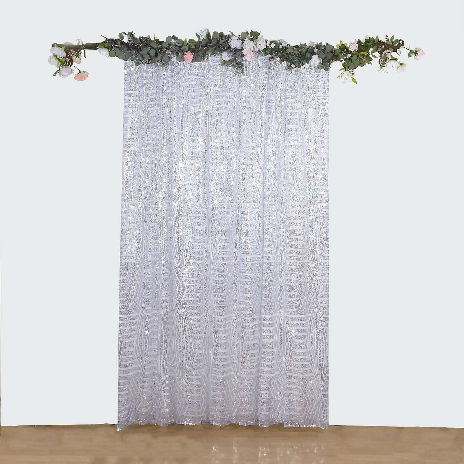 Silver Geometric Sequin Backdrop Drape Curtain with Satin Backing, Seamless Opaque Sparkly Photo Booth Event Divider Panel in Diamond Glitz Pattern - 8ftx8ft - Image 5