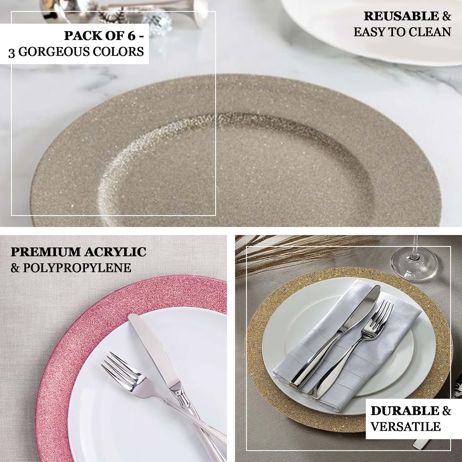 6-Pack Acrylic Plastic Charger Plates 13" Round Silver Glittered Design - Shimmering Dinner Charger Tableware - Image 4