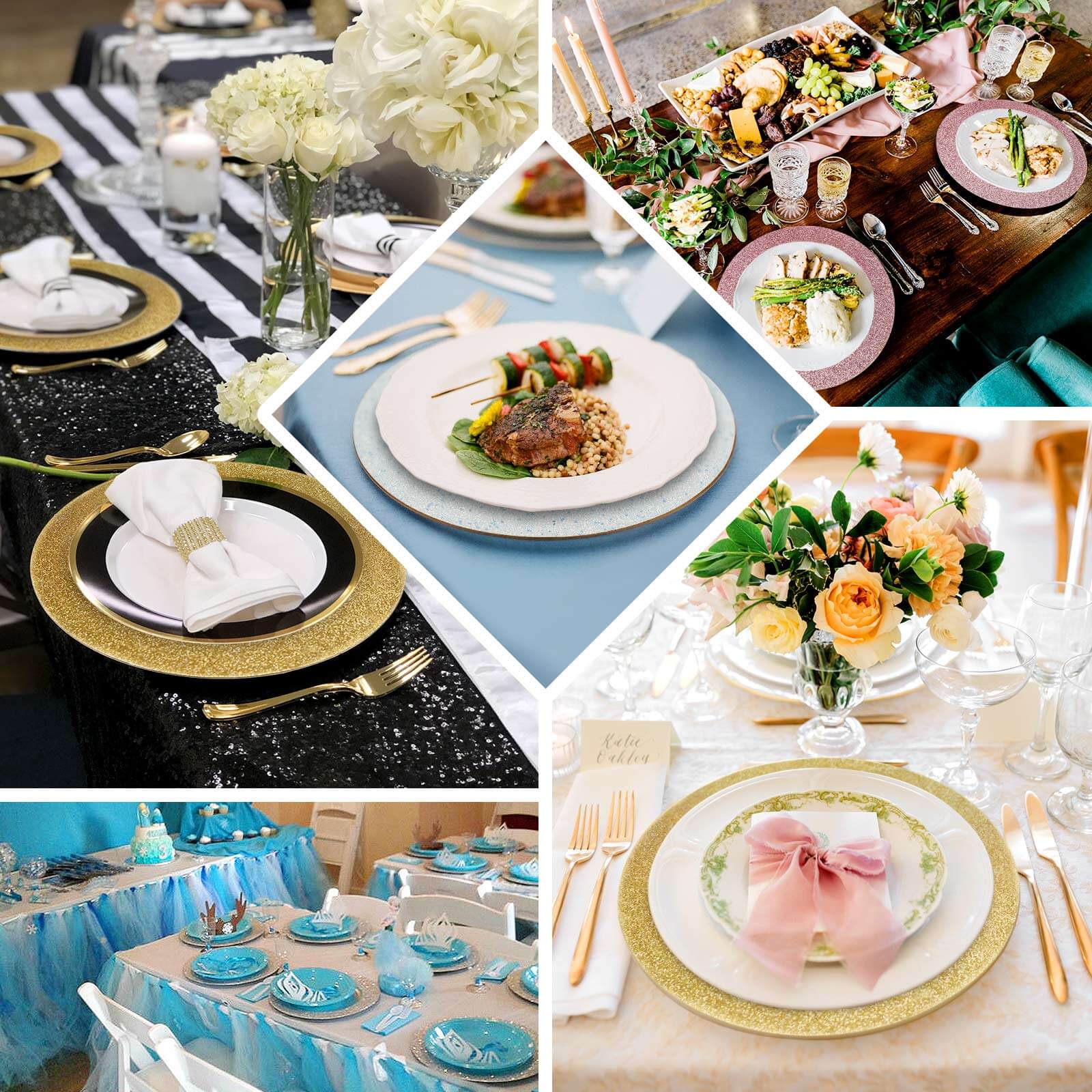 6-Pack Acrylic Plastic Charger Plates 13" Round Silver Glittered Design - Shimmering Dinner Charger Tableware - Image 5