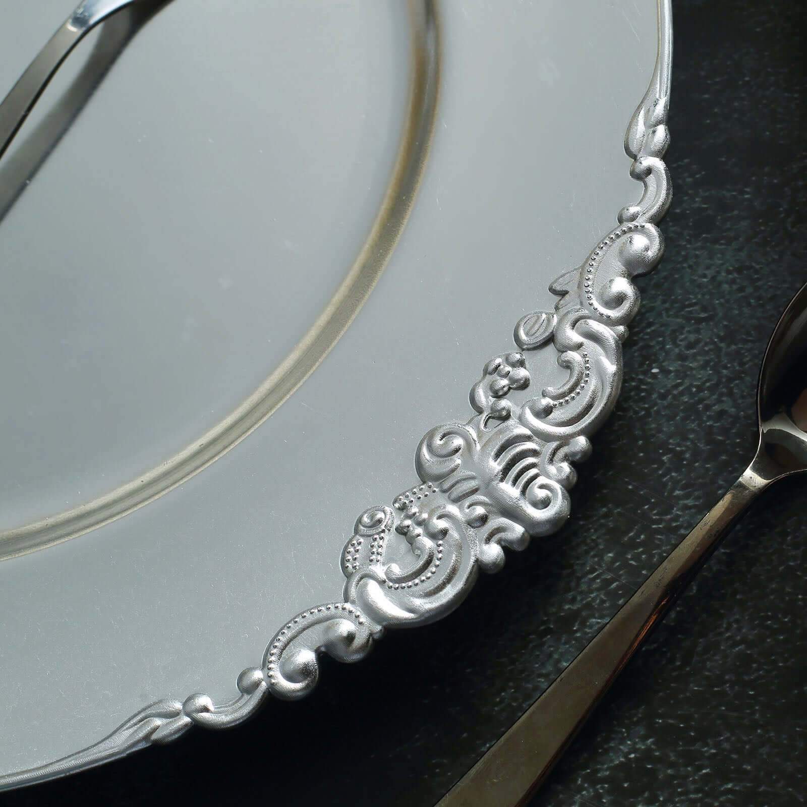 6-Pack Acrylic Charger Plates 13" Round Silver Embossed Baroque Rim - Antique Decorative Dinner Tableware - Image 8