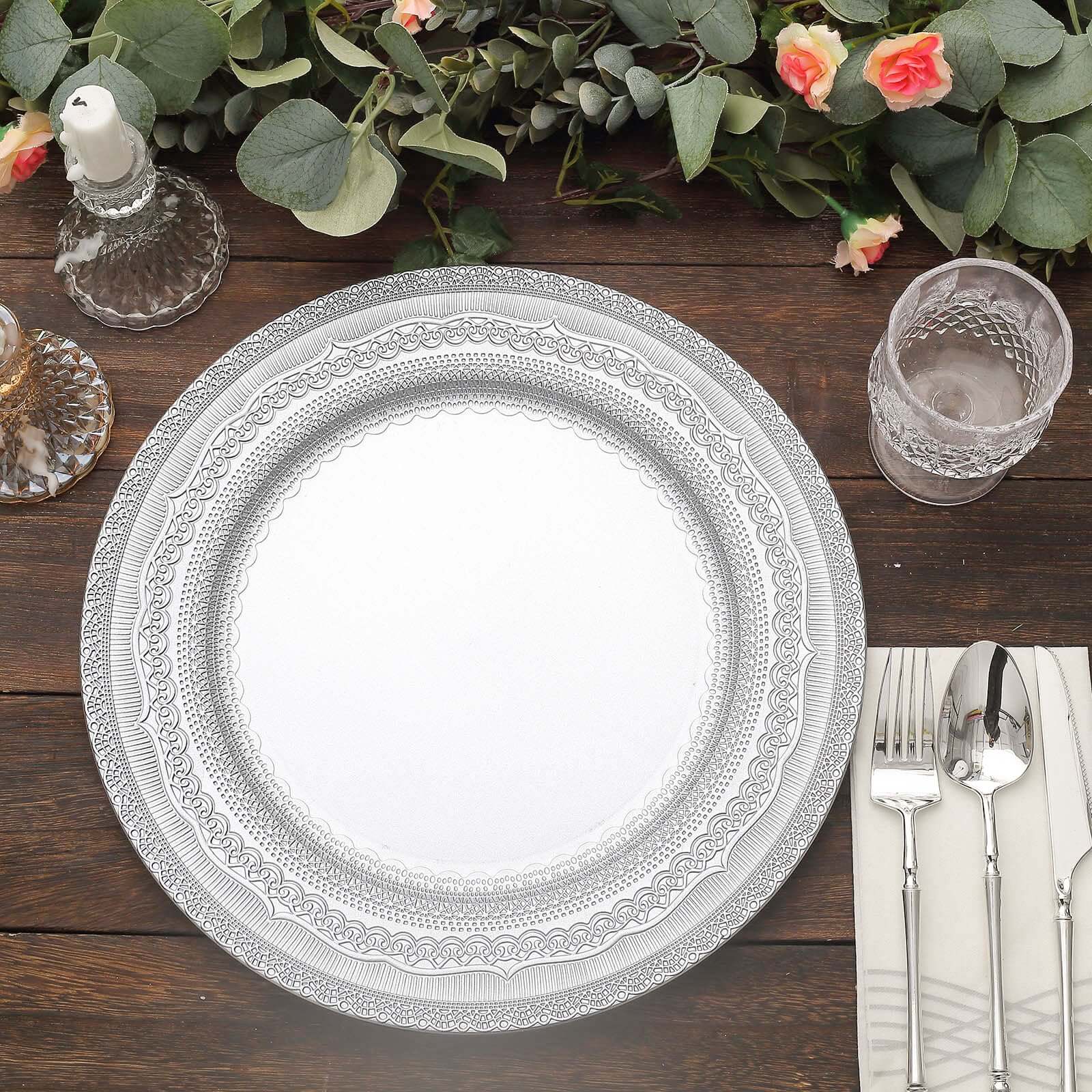 6-Pack Acrylic Charger Plates 13" Round Silver Lace Embossed Rim - Rustic Plastic Charger Tableware