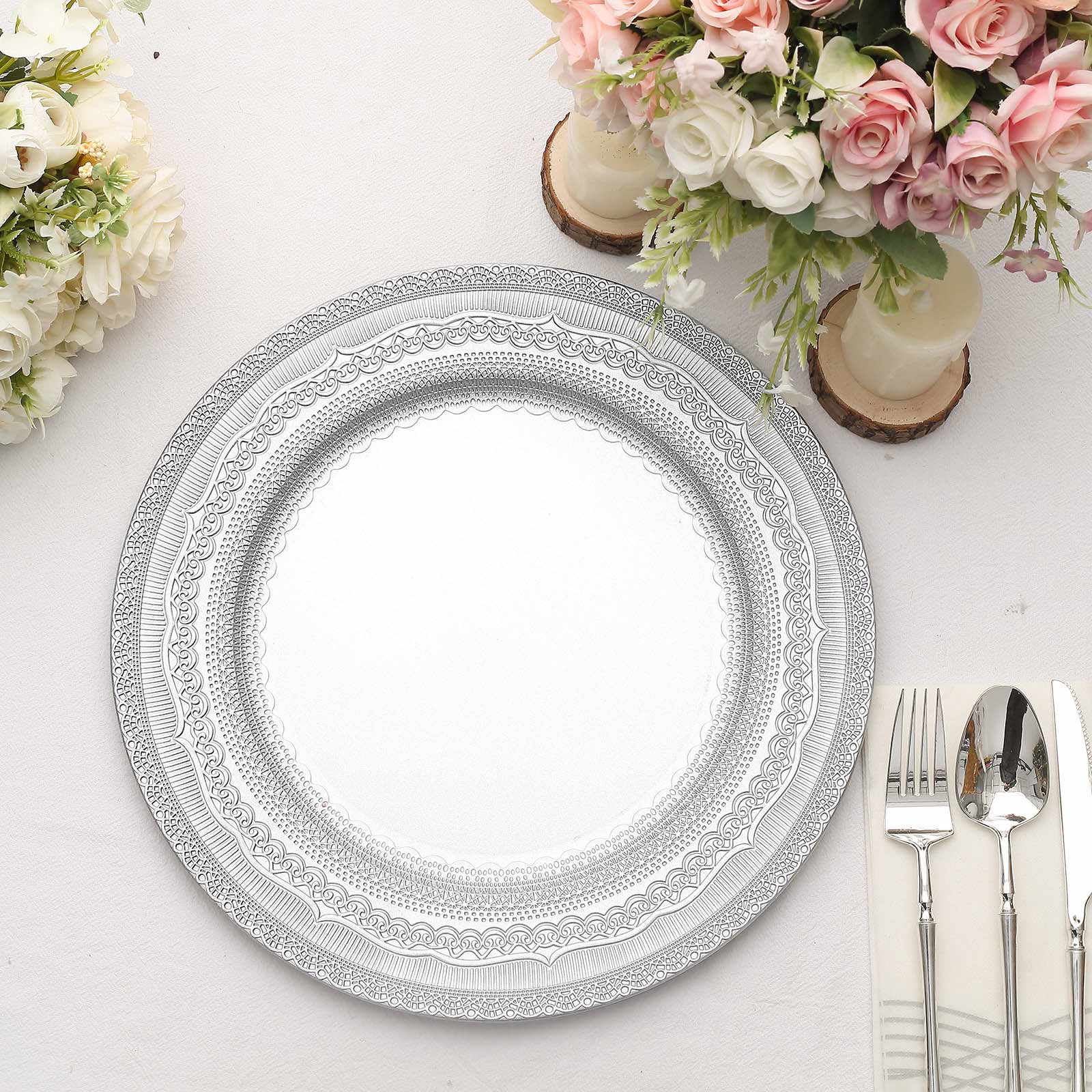 6-Pack Acrylic Charger Plates 13" Round Silver Lace Embossed Rim - Rustic Plastic Charger Tableware - Image 10