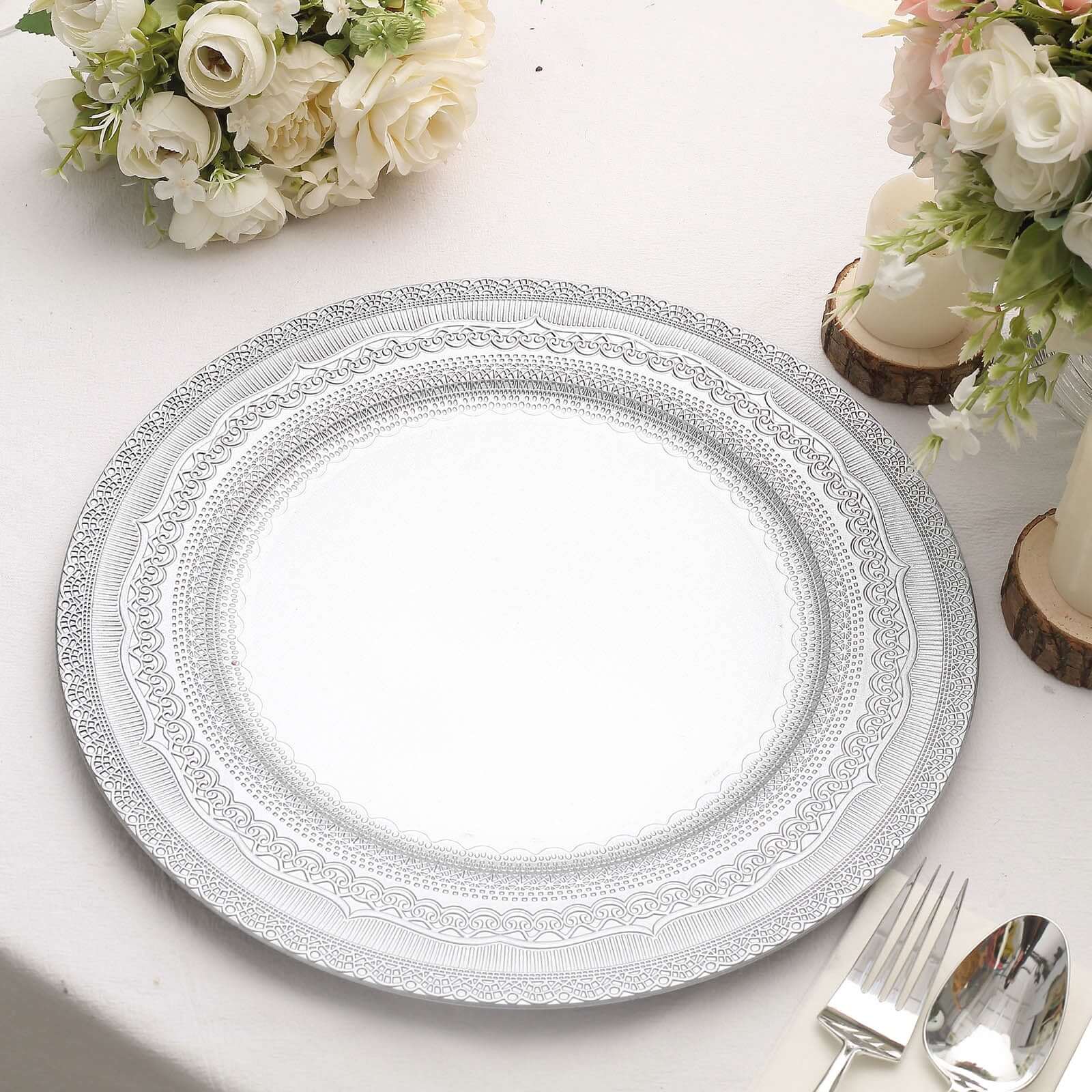 6-Pack Acrylic Charger Plates 13" Round Silver Lace Embossed Rim - Rustic Plastic Charger Tableware - Image 2