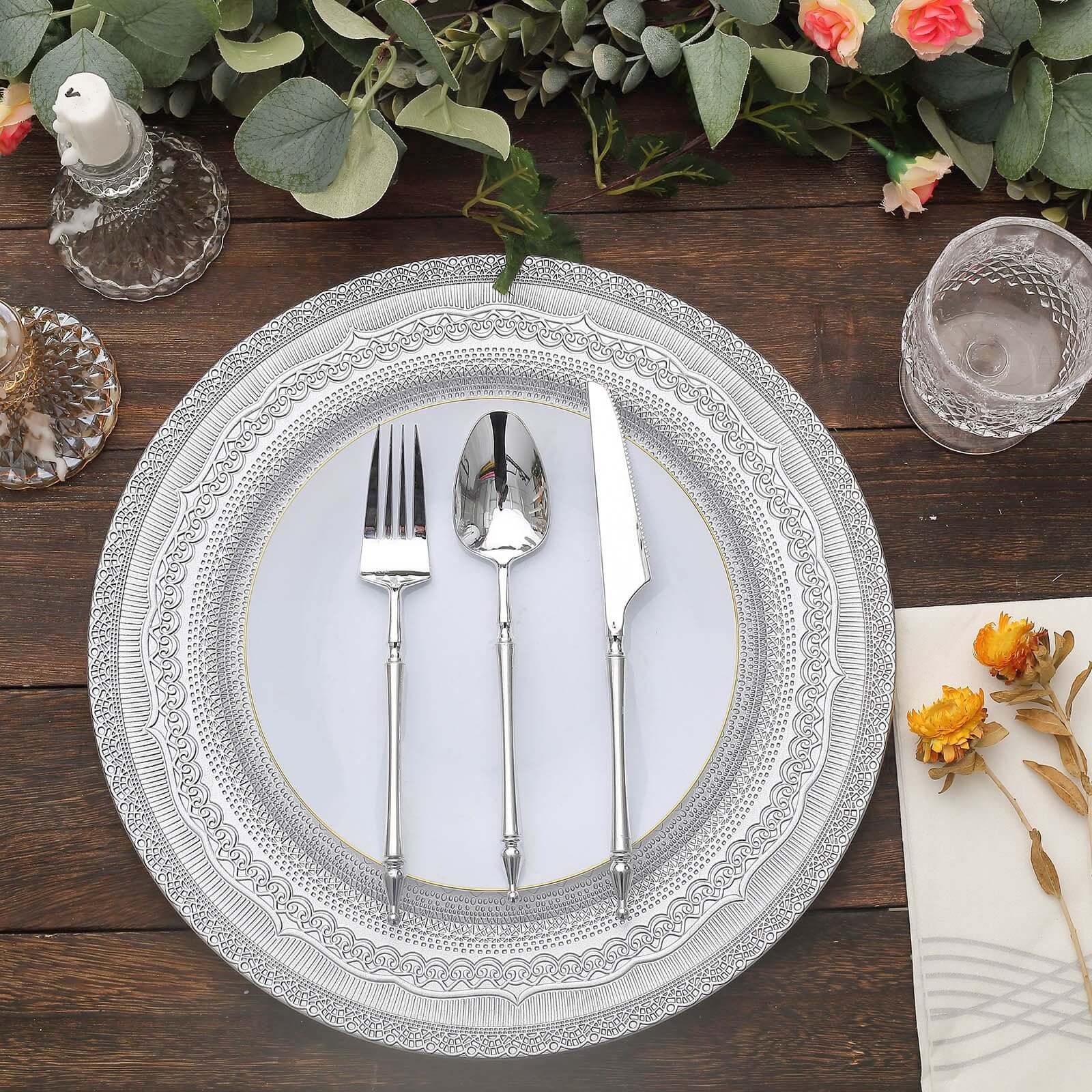 6-Pack Acrylic Charger Plates 13" Round Silver Lace Embossed Rim - Rustic Plastic Charger Tableware - Image 5