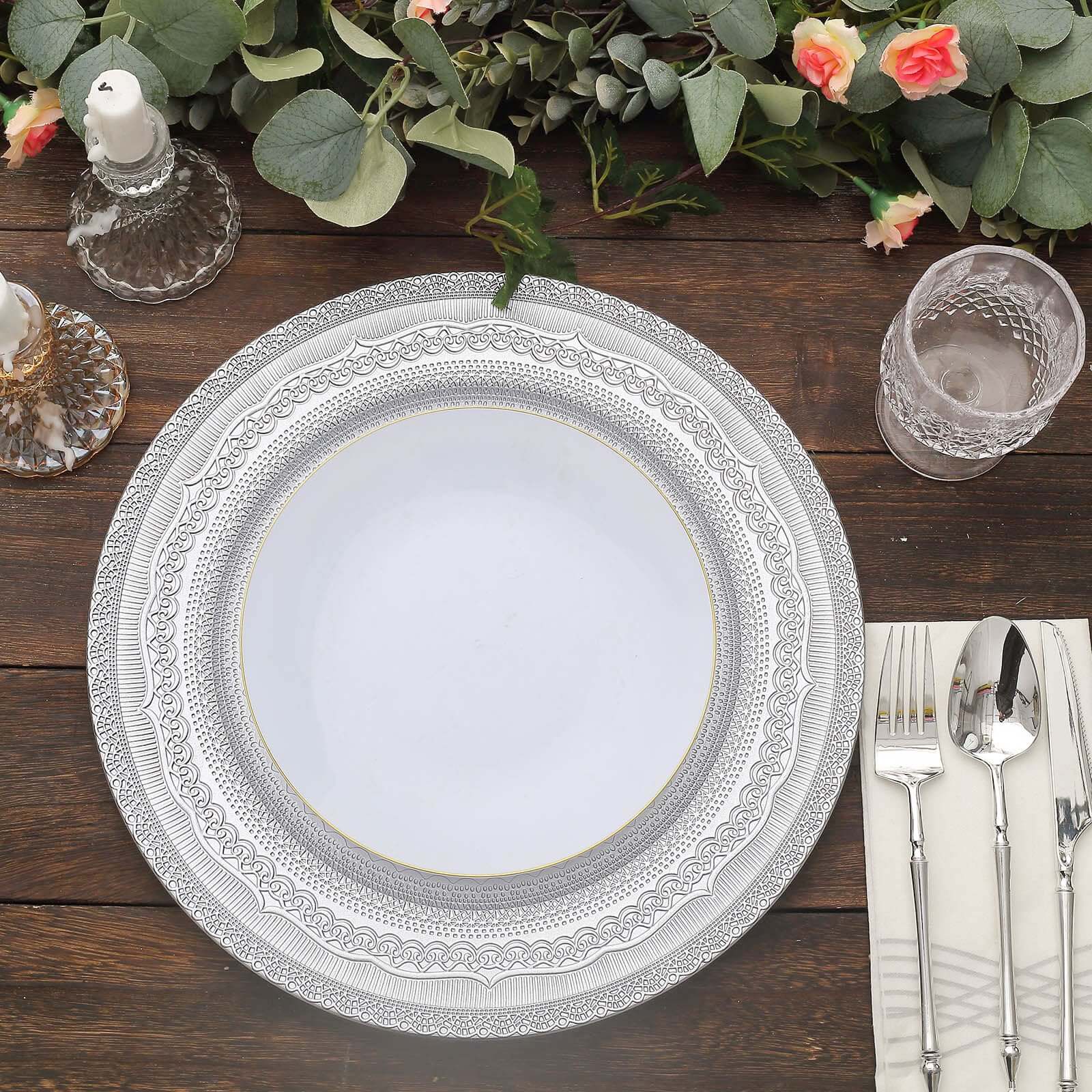 6-Pack Acrylic Charger Plates 13" Round Silver Lace Embossed Rim - Rustic Plastic Charger Tableware - Image 6