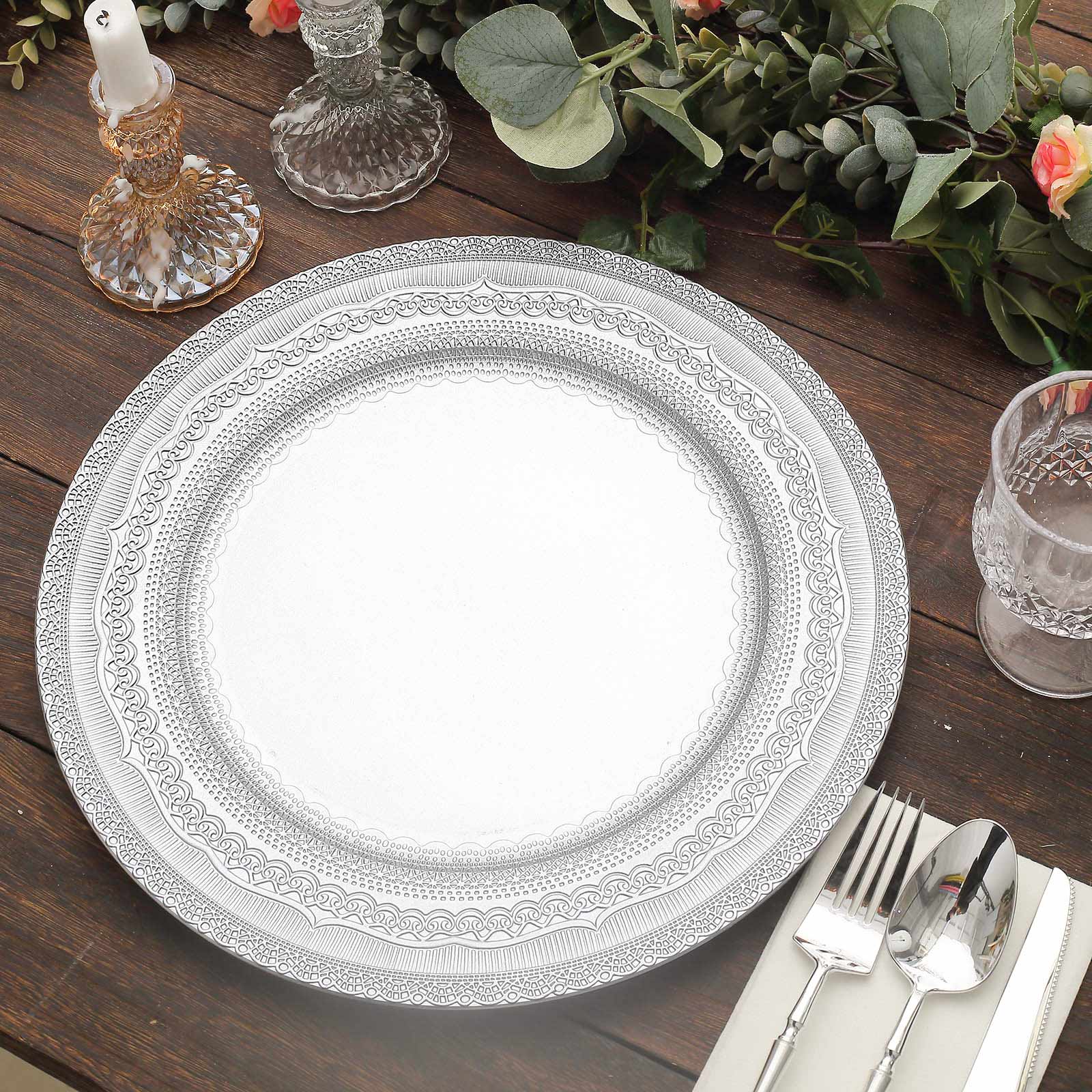 6-Pack Acrylic Charger Plates 13" Round Silver Lace Embossed Rim - Rustic Plastic Charger Tableware - Image 8