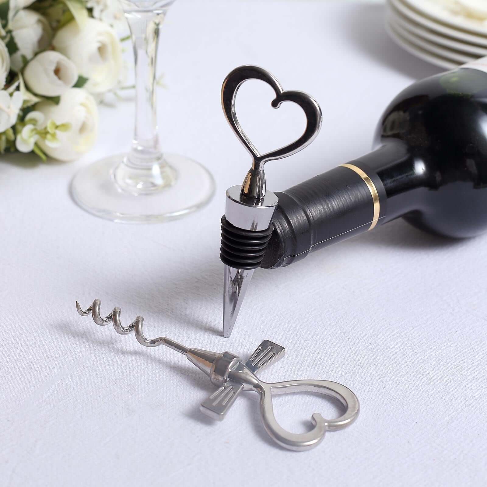 Silver Metal Heart Wine Bottle Opener / Cork Stopper Party Favors Souvenir Gift Set, Wedding Favor in Velvet Box 4.5",5" - Image 2