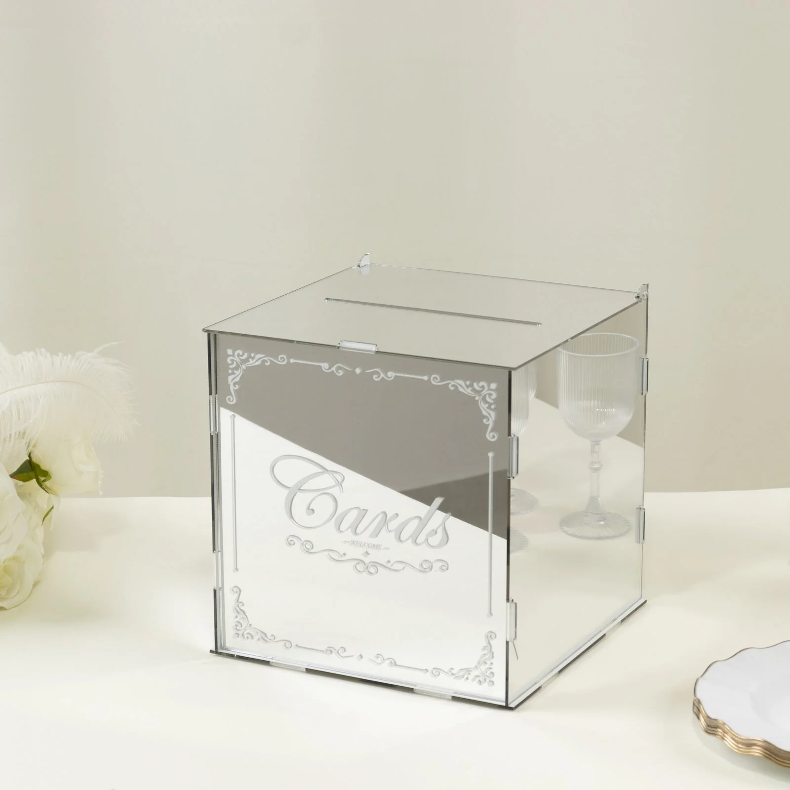 Silver Mirror Acrylic Wedding Card Box with Slot - Wishing Well Money Box for Weddings, Birthdays, and Parties - 10" - Image 4