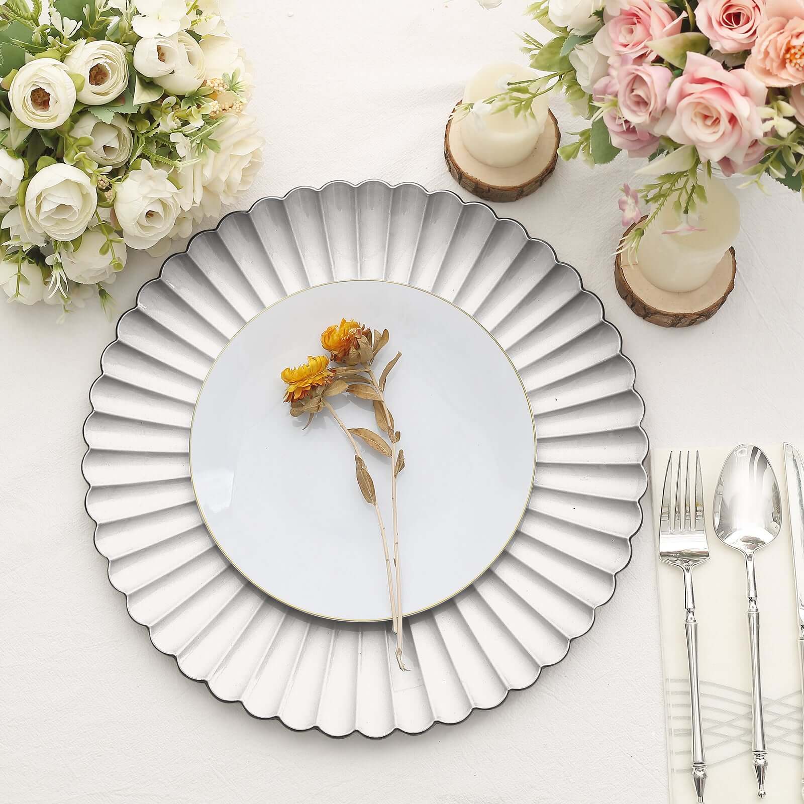 6-Pack Plastic Charger Plates 13" Round Silver with Scalloped Shell Pattern - Coastal Inspired Disposable Charger Tableware - Image 2