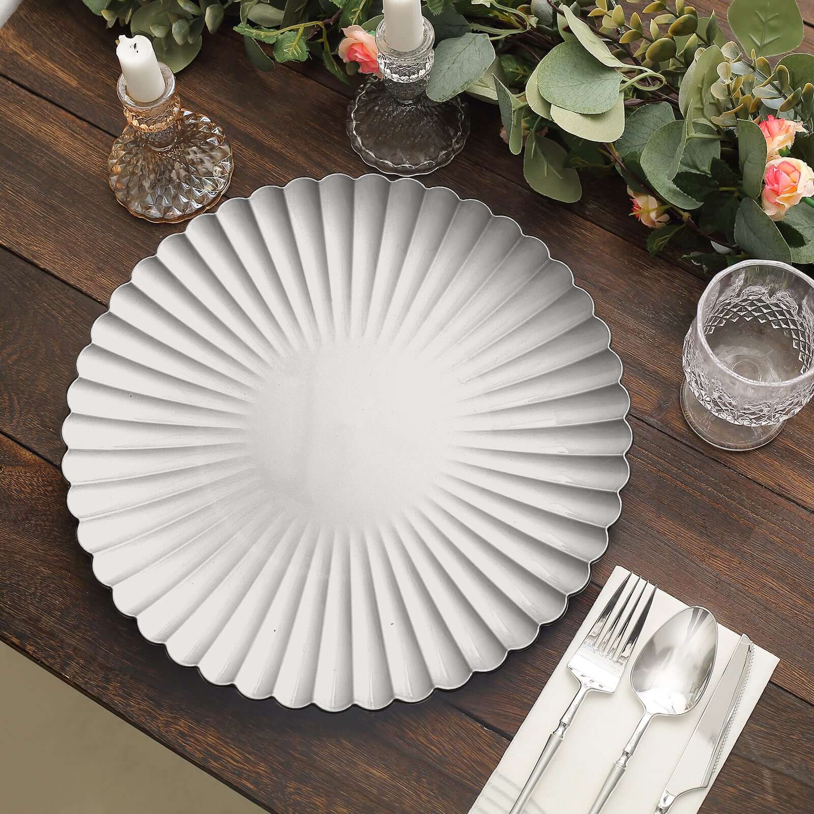 6-Pack Plastic Charger Plates 13" Round Silver with Scalloped Shell Pattern - Coastal Inspired Disposable Charger Tableware - Image 5