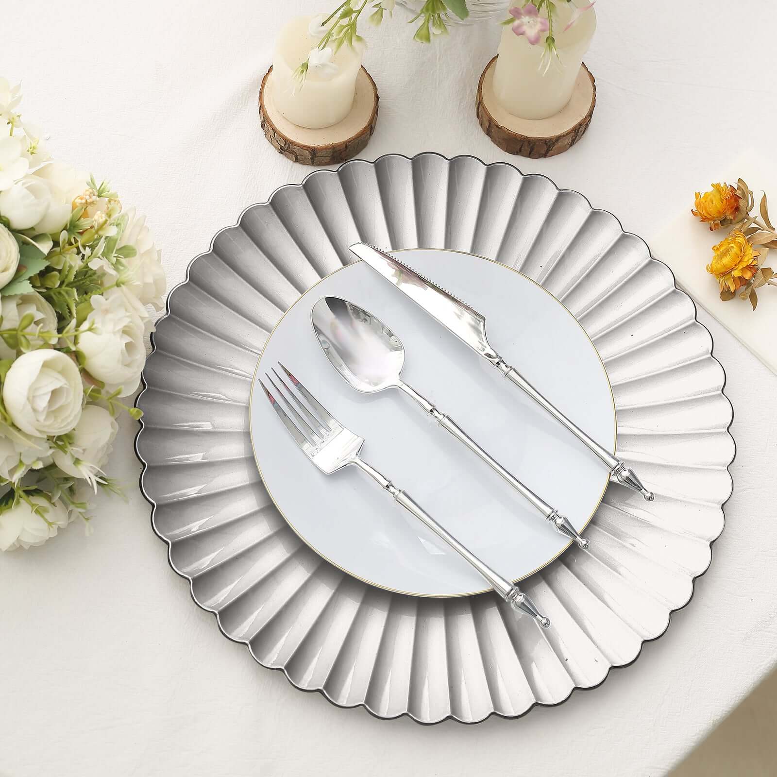 6-Pack Plastic Charger Plates 13" Round Silver with Scalloped Shell Pattern - Coastal Inspired Disposable Charger Tableware - Image 8
