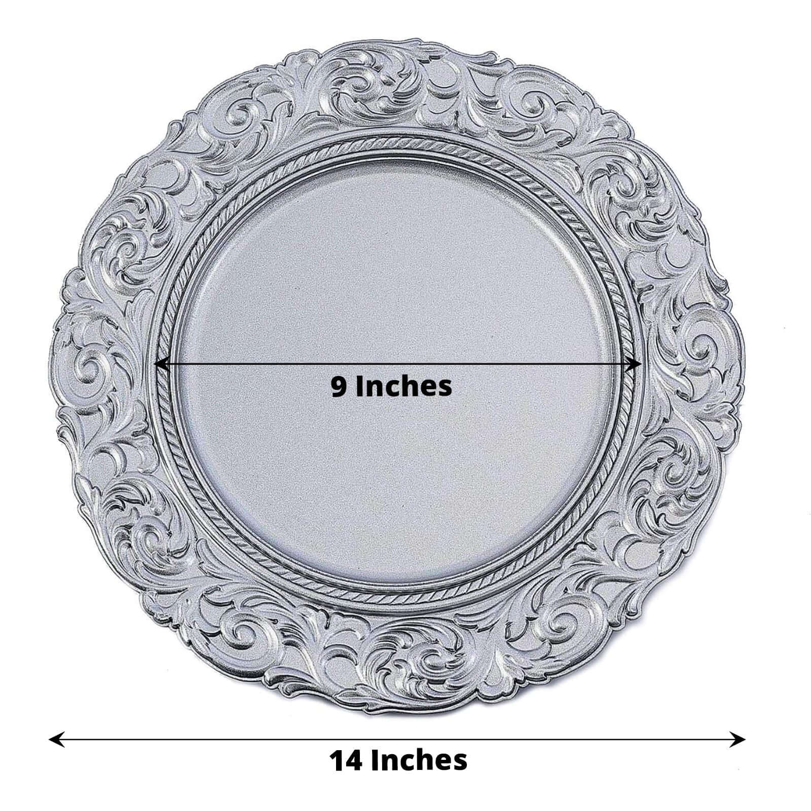 6-Pack Acrylic Charger Plates 14" Round Silver with Engraved Baroque Rim - Vintage Disposable Decorative Chargers - Image 3