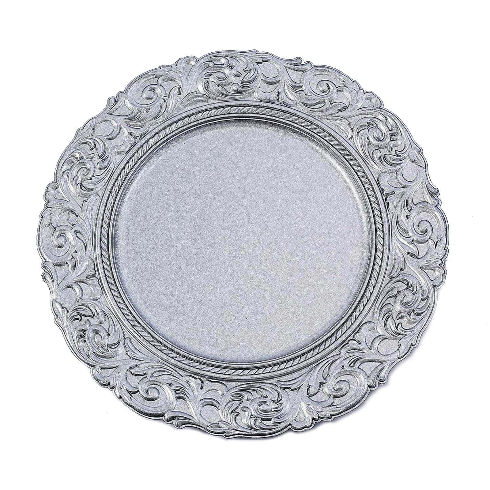 6-Pack Acrylic Charger Plates 14" Round Silver with Engraved Baroque Rim - Vintage Disposable Decorative Chargers - Image 7