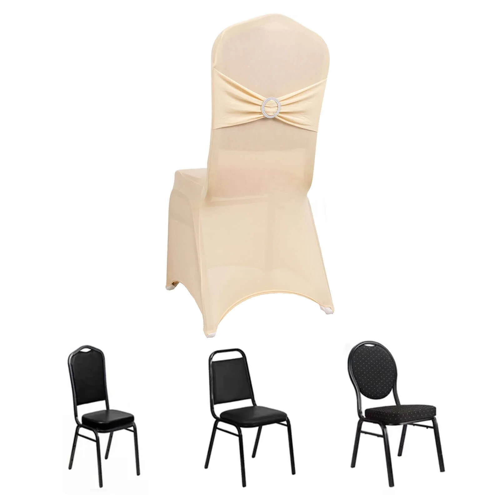 Spandex Banquet Chair Cover Beige with Silver Rhinestone Buckled Sash Band - Stretched Fitted Slip-On Slipcover