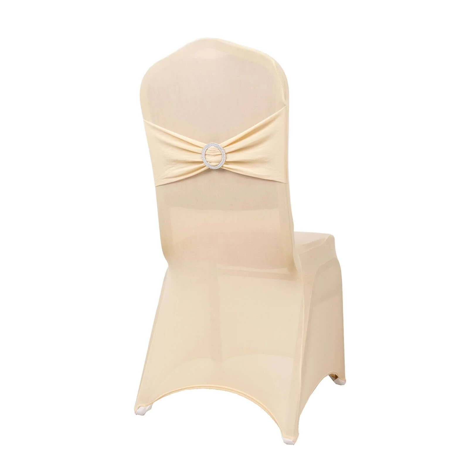 Spandex Banquet Chair Cover Beige with Silver Rhinestone Buckled Sash Band - Stretched Fitted Slip-On Slipcover - Image 8