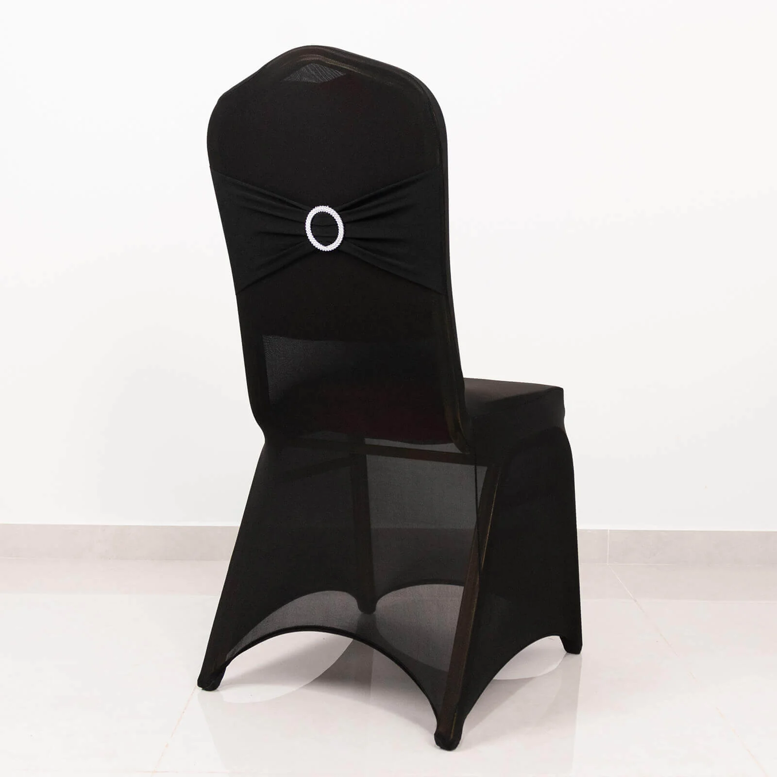 Spandex Banquet Chair Cover Black with Silver Rhinestone Buckled Sash Band - Stretched Fitted Slip-On Slipcover - Image 6