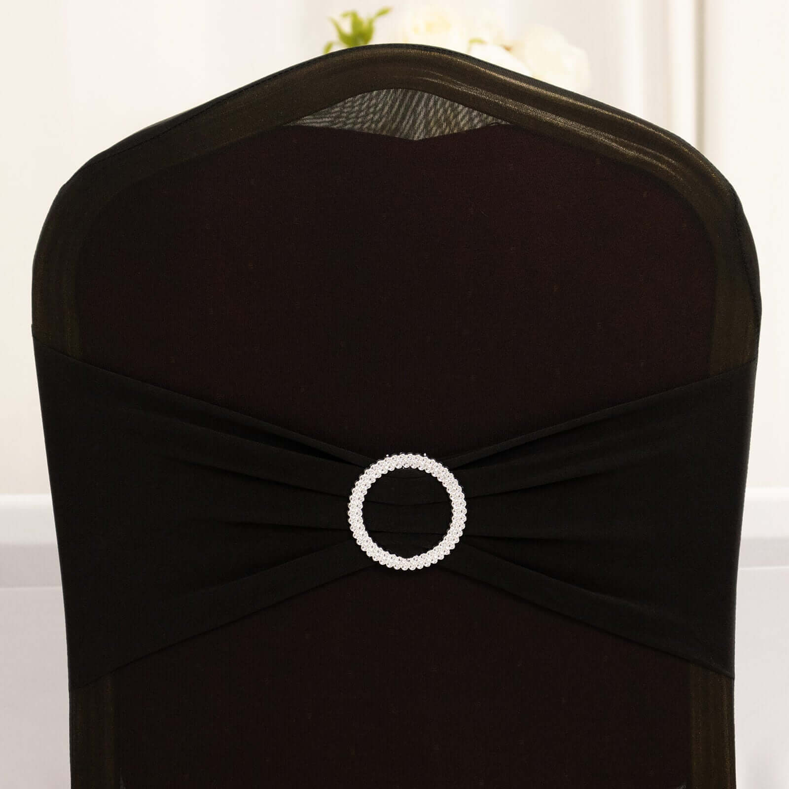 Spandex Banquet Chair Cover Black with Silver Rhinestone Buckled Sash Band - Stretched Fitted Slip-On Slipcover - Image 7