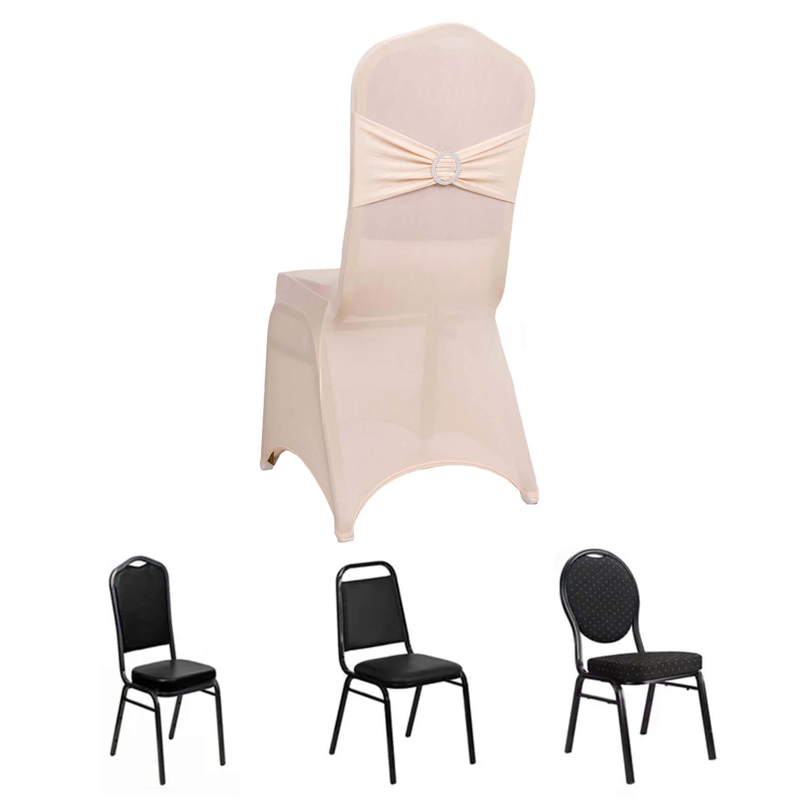 Spandex Banquet Chair Cover Blush with Silver Rhinestone Buckled Sash Band - Stretched Fitted Slip-On Slipcover