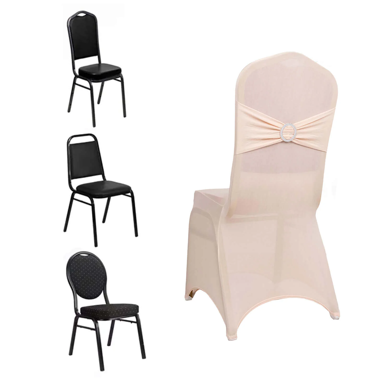 Spandex Banquet Chair Cover Blush with Silver Rhinestone Buckled Sash Band - Stretched Fitted Slip-On Slipcover - Image 3