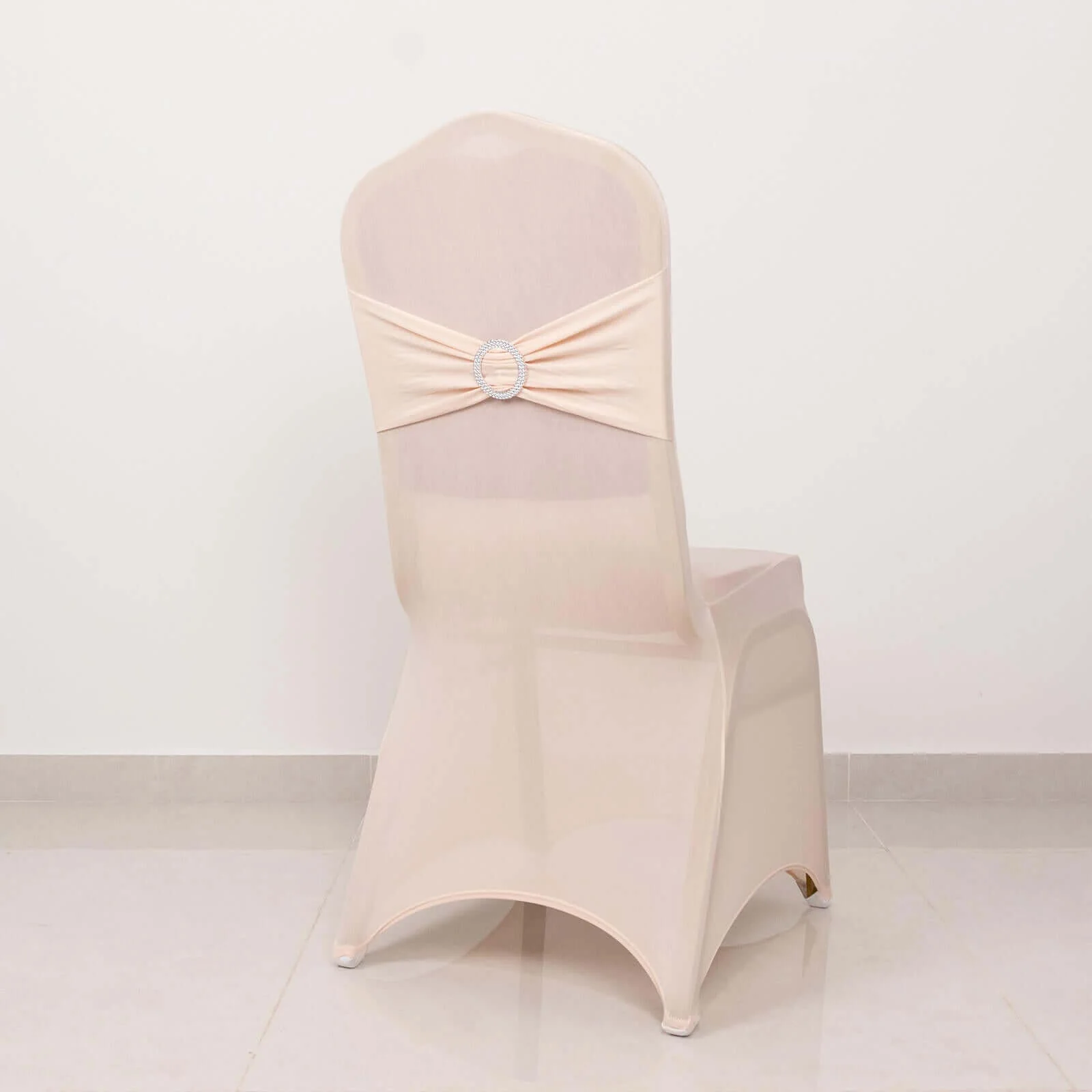 Spandex Banquet Chair Cover Blush with Silver Rhinestone Buckled Sash Band - Stretched Fitted Slip-On Slipcover - Image 6